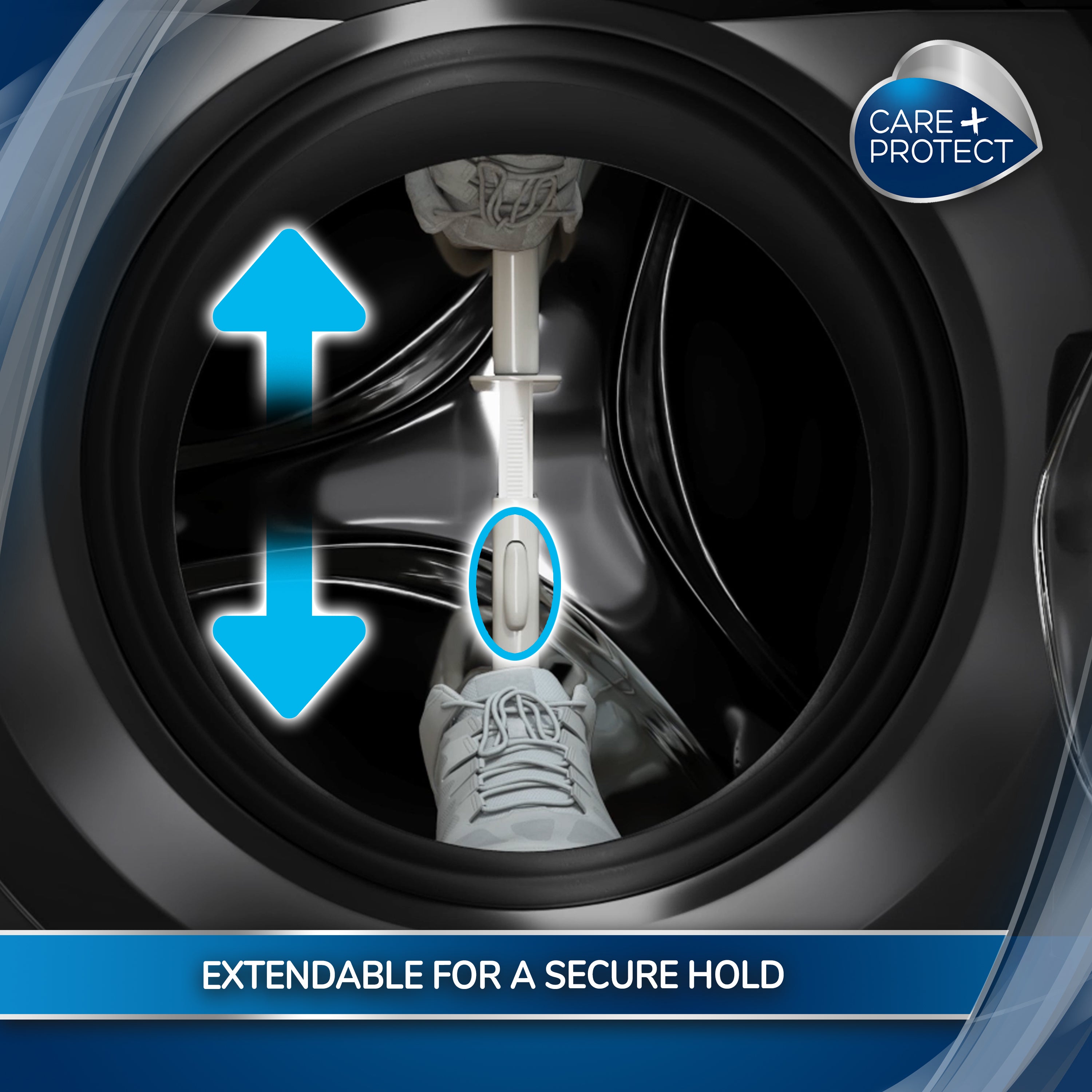 A shoe is secured inside a washing machine drum with an extendable rod. Blue arrows indicate adjustable motion. "CARE + PROTECT" and "EXTENDABLE FOR A SECURE HOLD" text is visible.