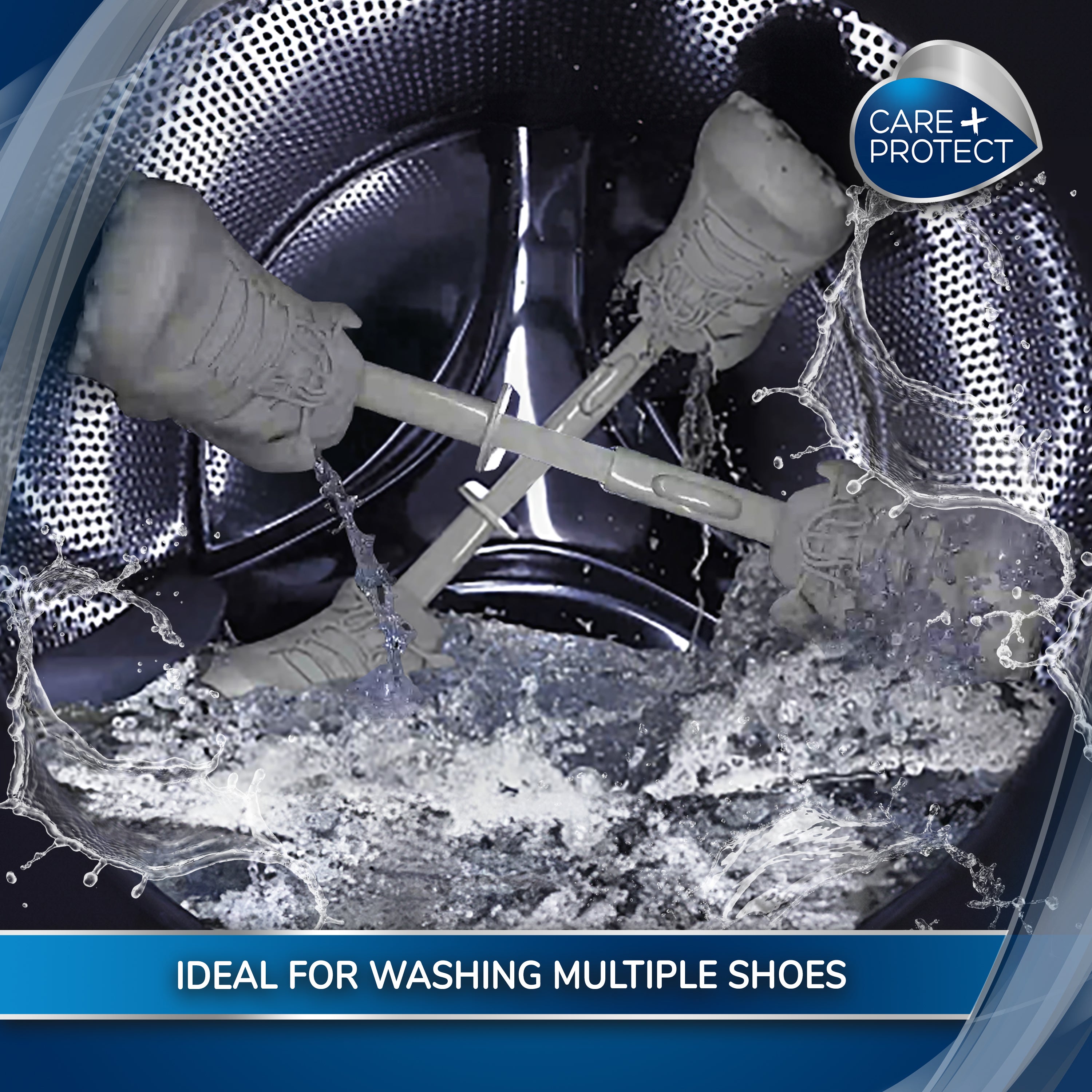 Shoes being washed inside a washing machine, secured to a plastic frame, with water splashing. The environment is metallic and circular. Text reads: "CARE + PROTECT" and "IDEAL FOR WASHING MULTIPLE SHOES."