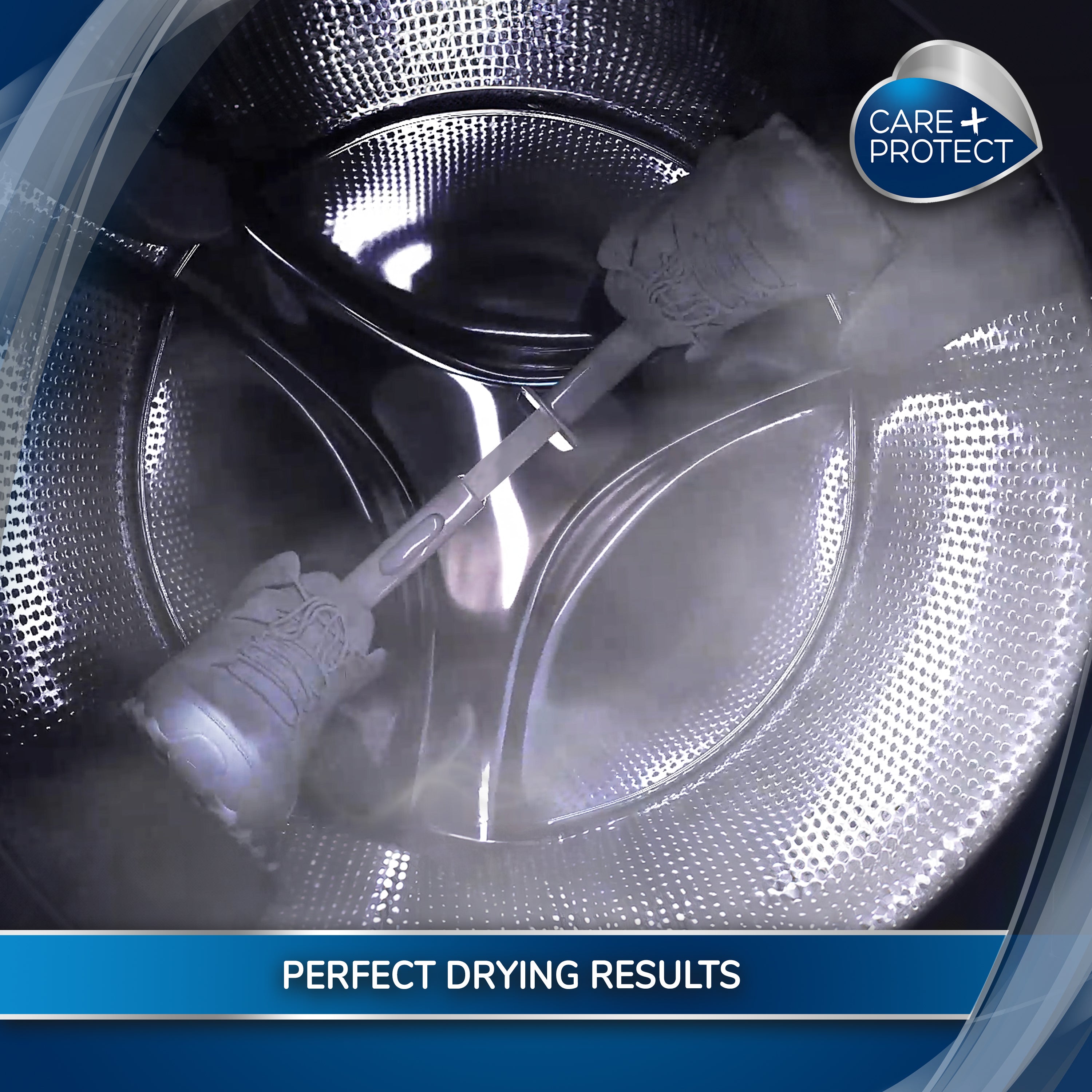 A pair of shoes rotates inside a metal drum, with steam and a "Care+Protect" logo, under the text "PERFECT DRYING RESULTS."