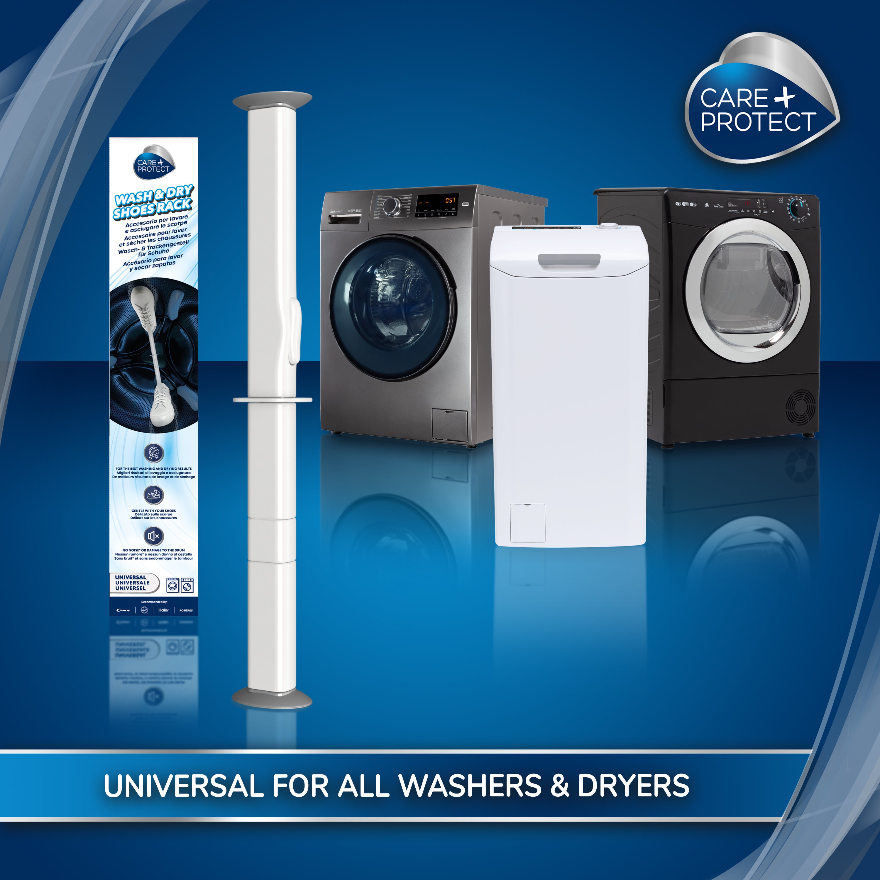 A vertical shoe rack stands beside washers and dryers against a blue background. Text: "CARE + PROTECT," "WASH & DRY SHOE RACK," "Universal for all washers & dryers."