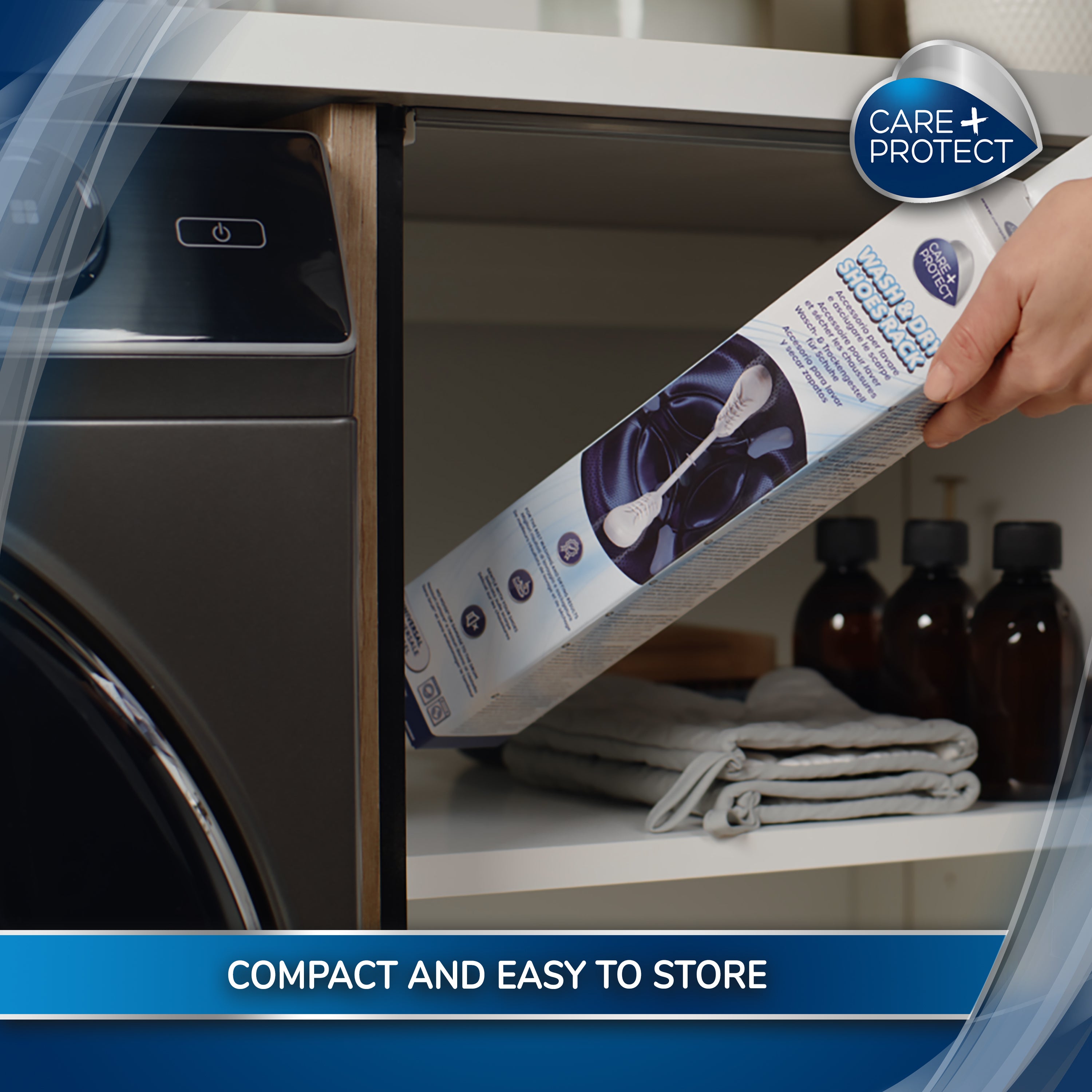 Packages of cleaning and organising products from Care+Protect are arranged together. They include a stacking kit, food organiser, and various cleaning solutions for appliances in a bright white setting.