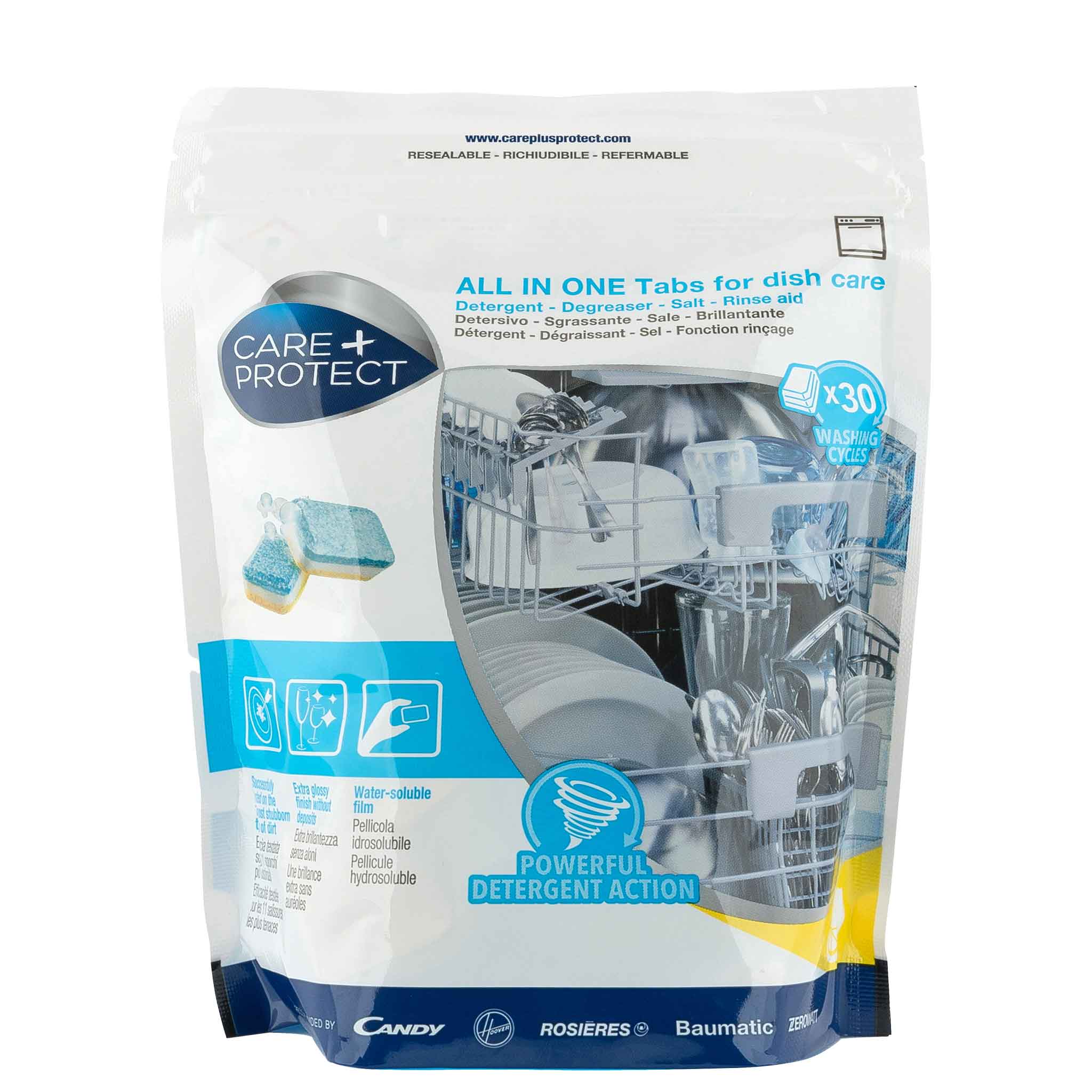 A package of Care+Protect dishwasher tabs, showing a dishwasher filled with dishes. The text includes "ALL IN ONE Tabs for dish care" and "POWERFUL DETERGENT ACTION," indicating 30 washing cycles.