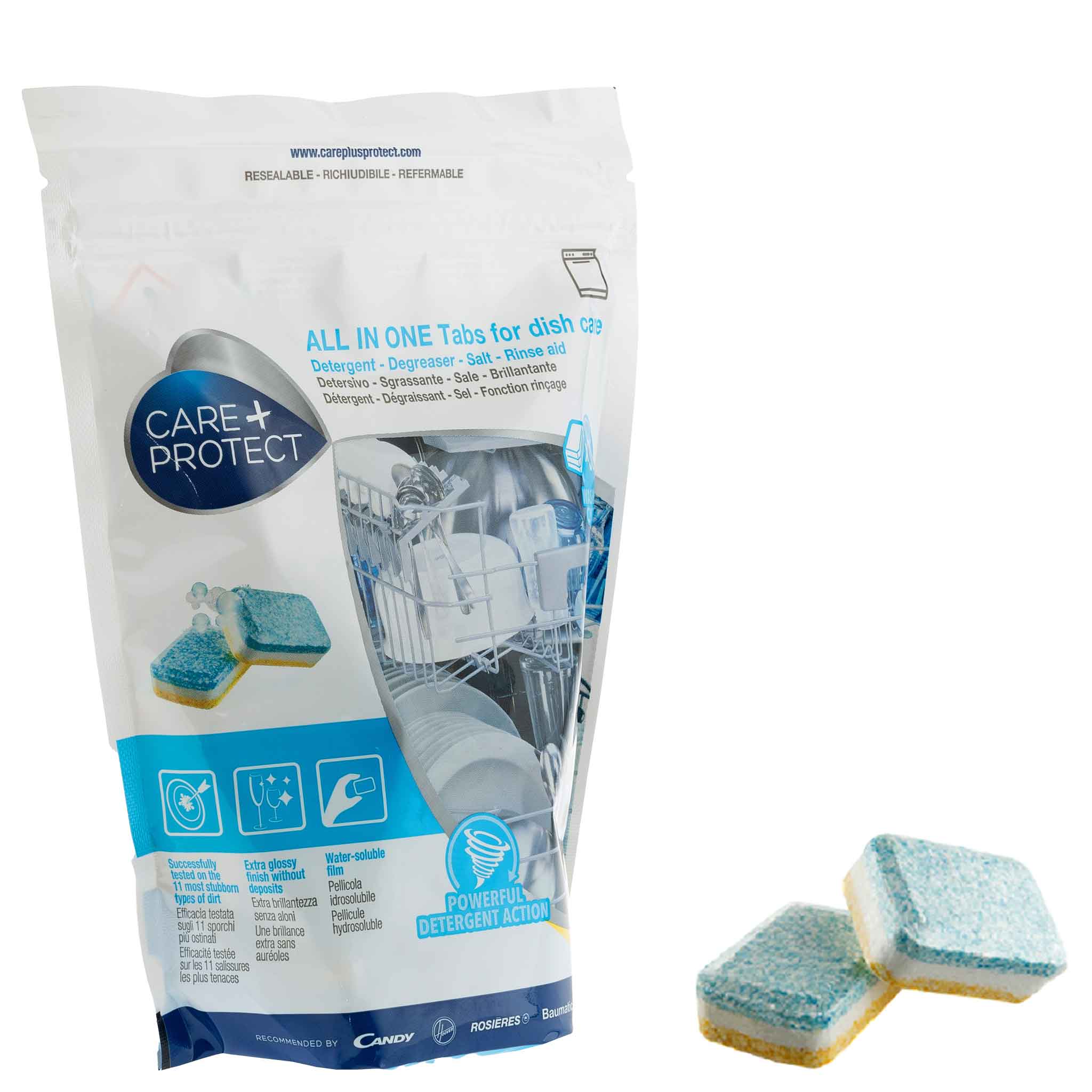 A package labeled "CARE+PROTECT" features dishwasher tabs with detergent, degreaser, salt, and rinse aid. Text highlights "POWERFUL DETERGENT ACTION" beside an image of a loaded dishwasher.