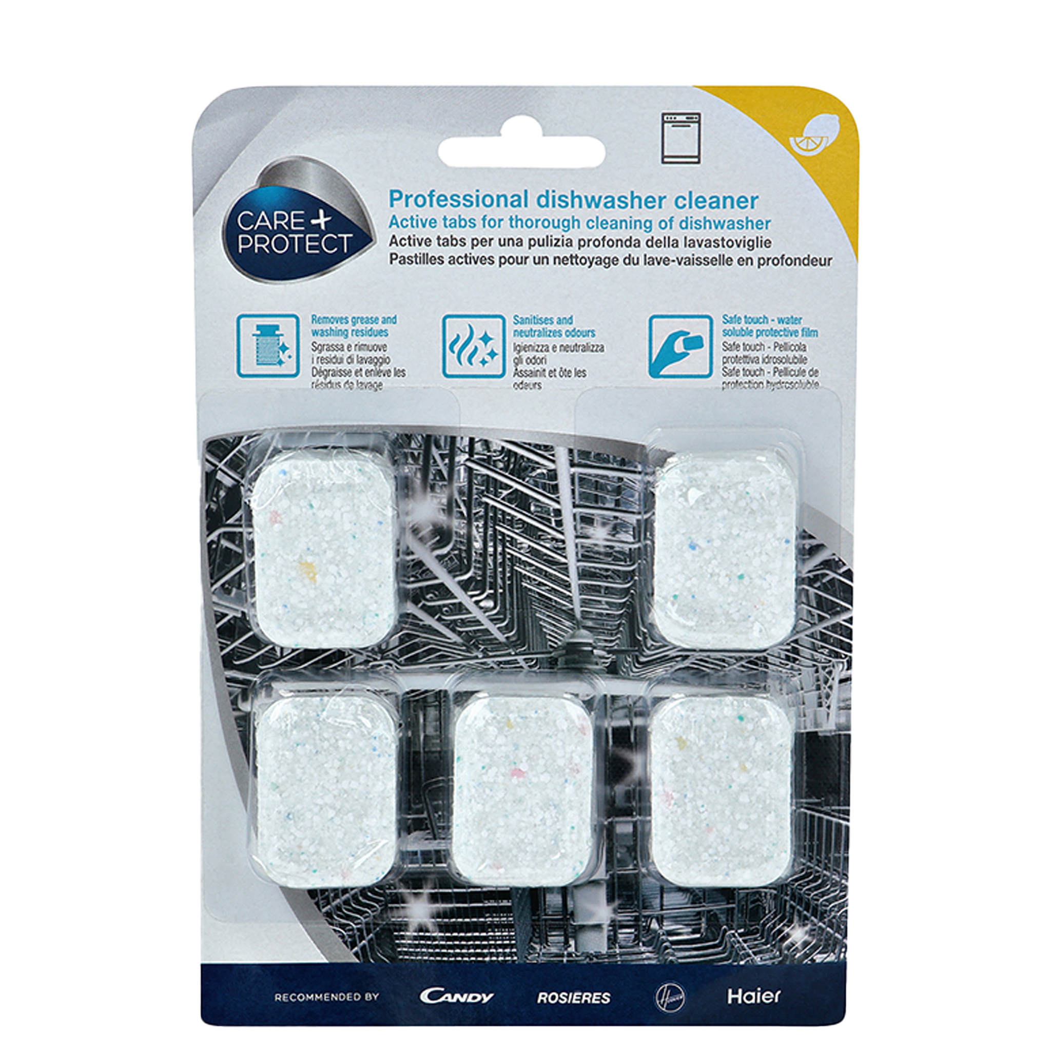 Pack of dishwasher cleaner tabs encased in blister packaging; labeled "Professional dishwasher cleaner," featuring cleaning, sanitizing, and dissolving properties with instruction icons. Recommended by brands Candy, Rosieres, and Haier.