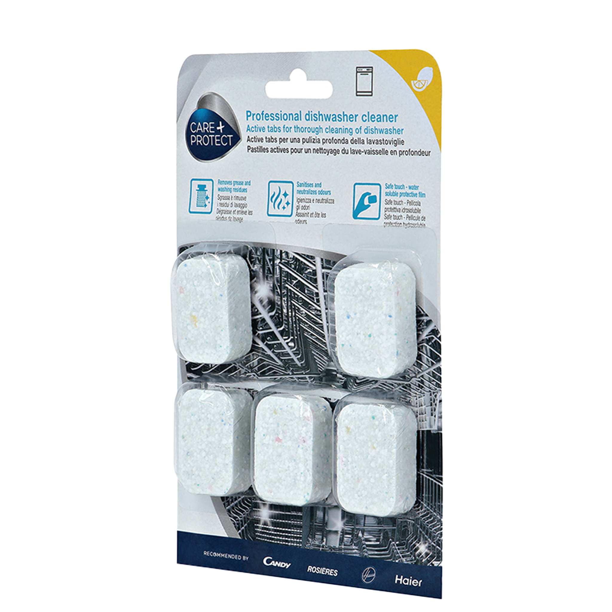 Six white dishwasher tablets, speckled with blue and red, rest in a plastic package featuring a dishwasher image. Text: "Professional dishwasher cleaner. Active tabs for thorough cleaning of dishwasher."