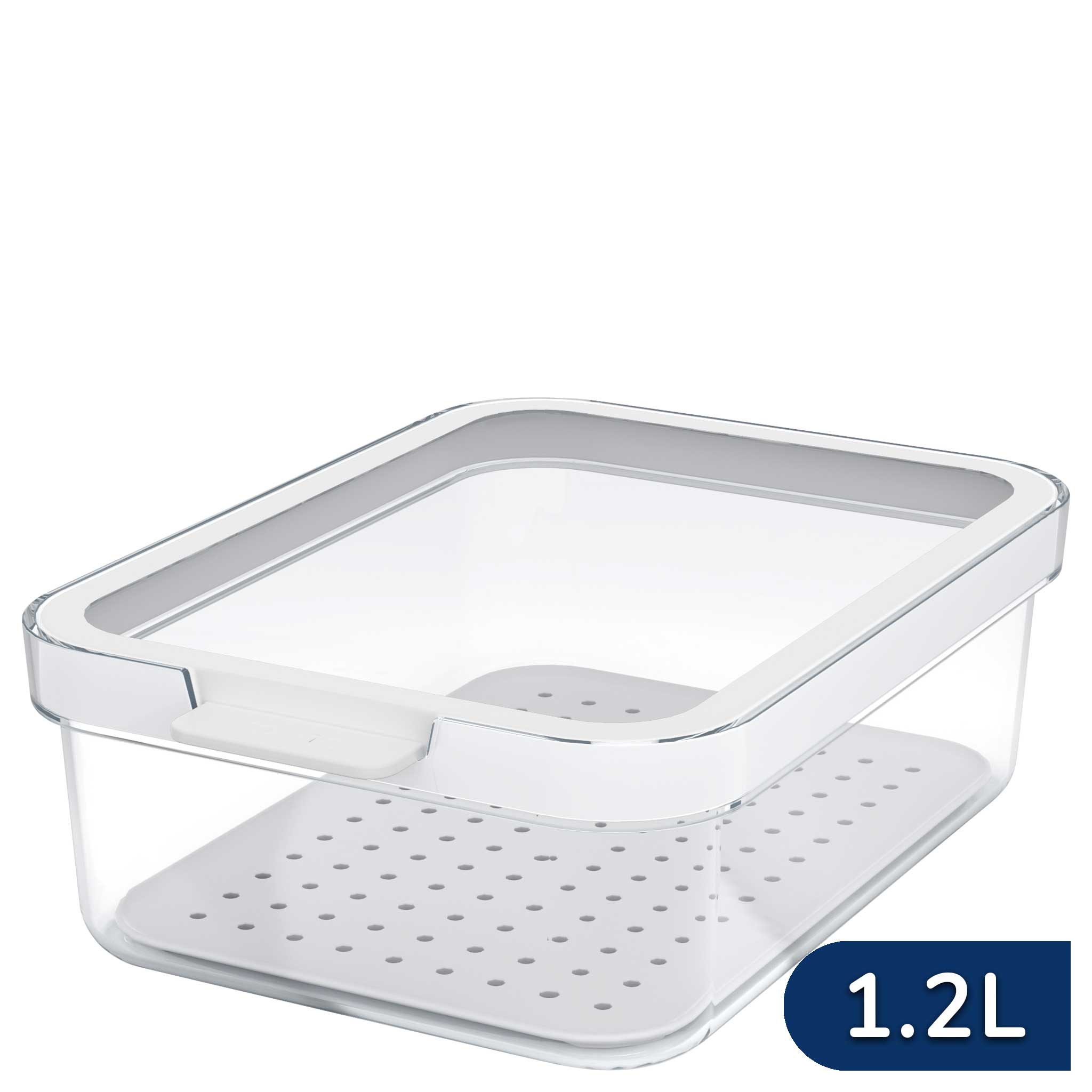 A transparent rectangular food storage container with a white lid sits on a plain background. It has a perforated base insert. Text on the corner reads "1.2 L."