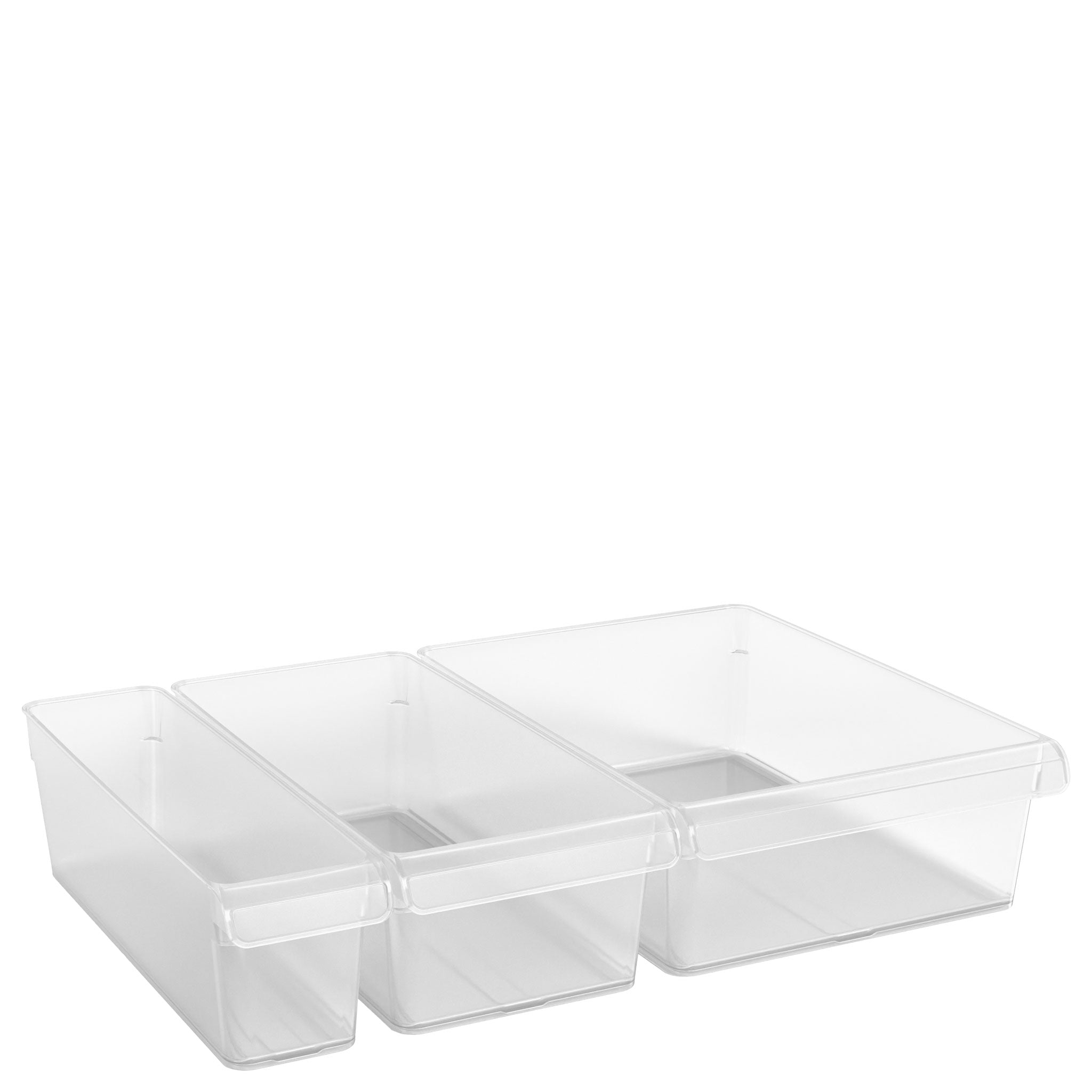 Three transparent rectangular plastic storage bins are aligned side by side against a plain white background.