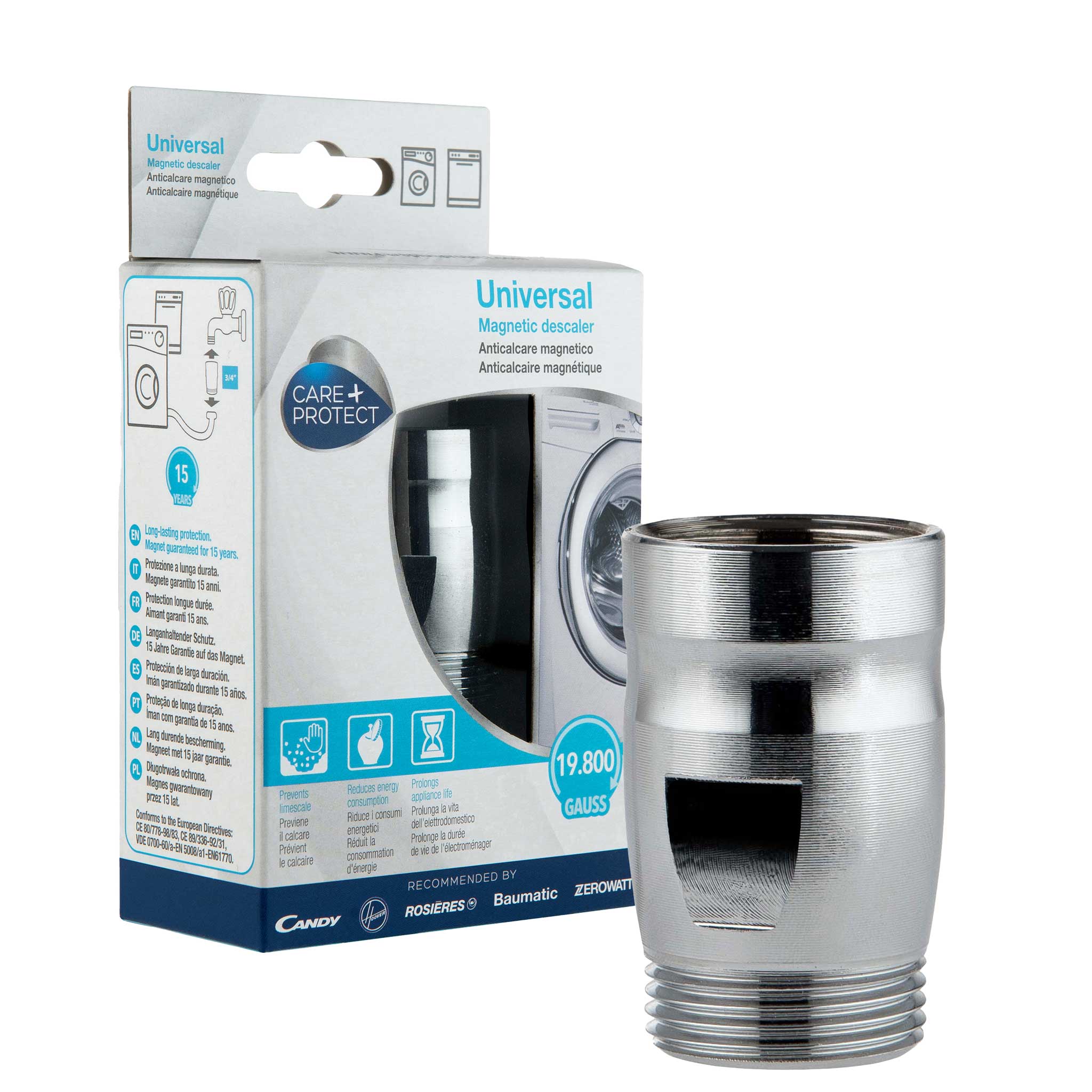 A metallic magnetic descaler stands beside its packaging, designed for washing machines. The box features installation instructions and indicates "Universal Magnetic descaler," "19,800 Gauss," and multiple language descriptions and benefits.