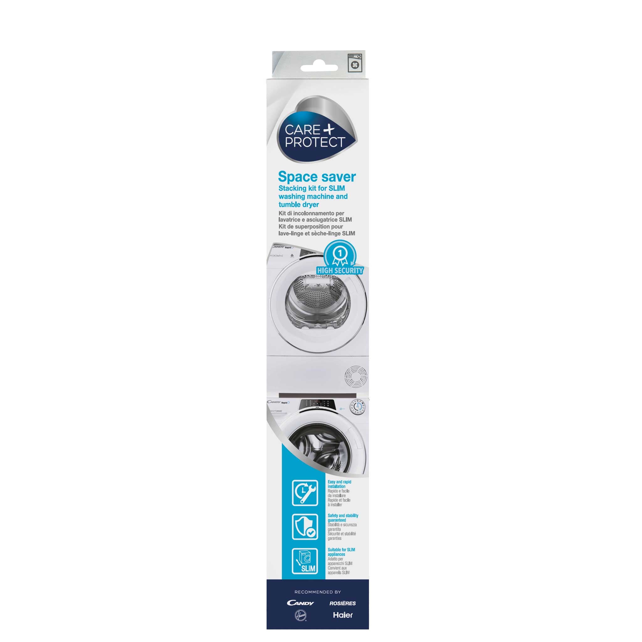 Care+Protect Space Saver stacking kit for SLIM washing machine and tumble dryer, shown in packaging with images of appliances, highlighting "High Security," stability, and ease of installation. Recommended by Candy, Hoover, Haier.