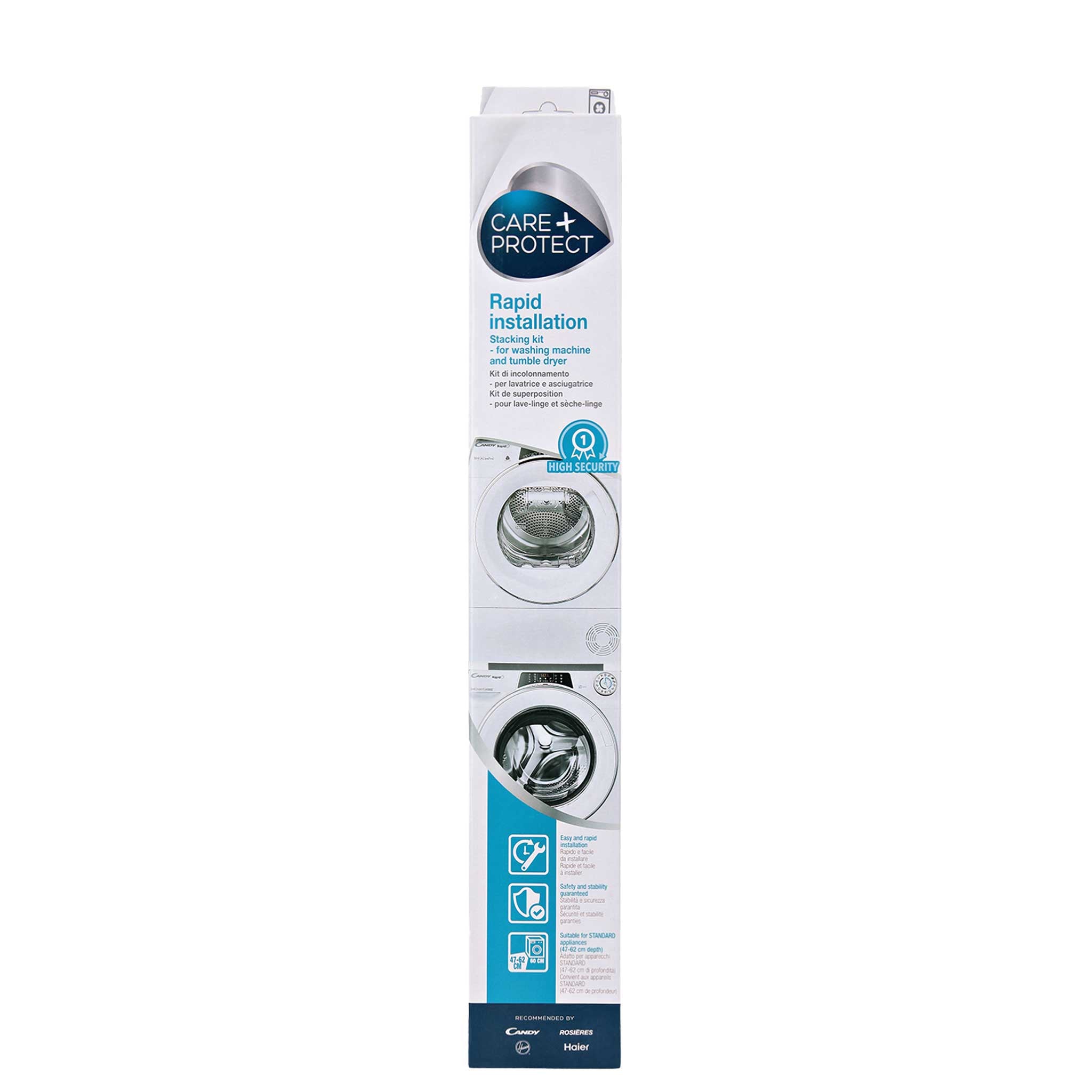 Packaging for Care+Protect Stacking Kit featuring images of a washing machine and dryer. Text includes: "Rapid installation," "High security," "Easy and fast set-up," and recommends Candy, Hoover, and Haier brands.