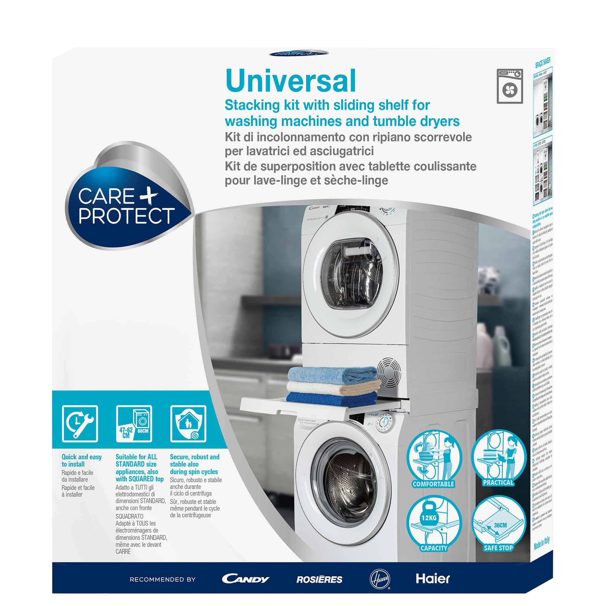 A laundry stacking kit with a sliding shelf holds two machines vertically, topped with folded towels. Text: "Universal Stacking kit with sliding shelf for washing machines and tumble dryers." Brands: Candy, Rosières, Haier.