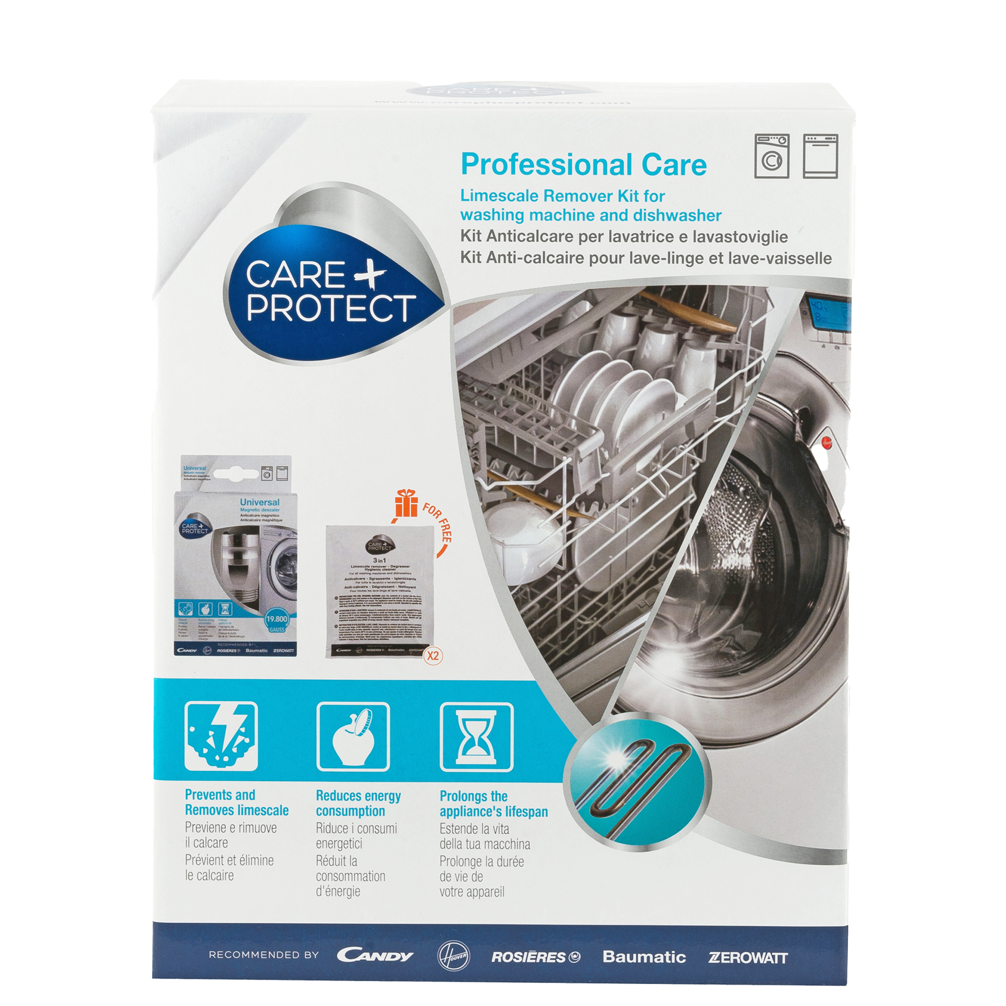 Care+Protect limescale remover kit, displayed in packaging with an image of a dishwasher loaded with dishes. Features include preventing limescale, reducing energy consumption, and prolonging appliance lifespan. Recommended by Candy, Rosières, Baumatic, and Zerowatt. Text on box highlights benefits in multiple languages.