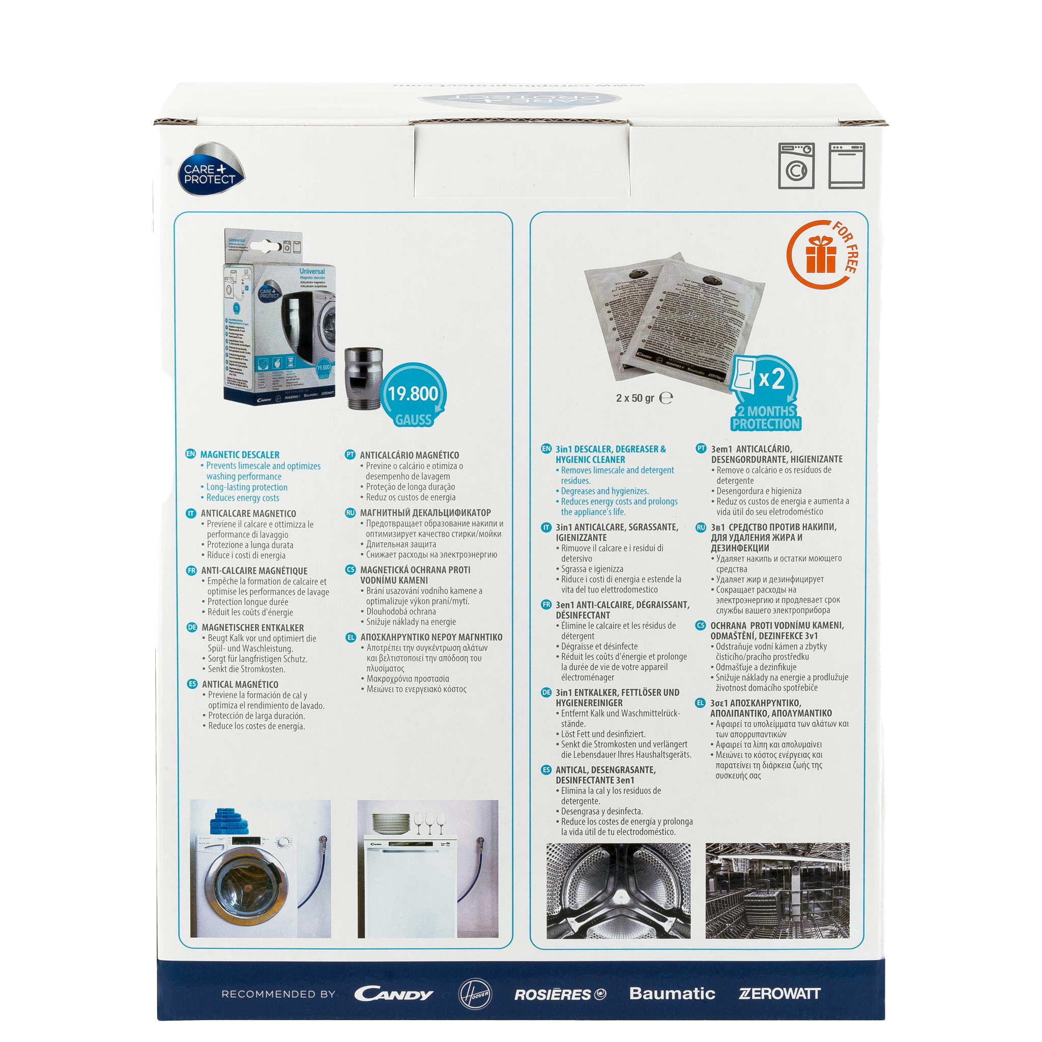 Box showcasing a washing machine accessory with text detailing magnetic descaler and cleaning benefits, surrounded by product images. Brands: Candy, Rosieres, Baumatic, Zerowatt. Includes multilingual product descriptions.