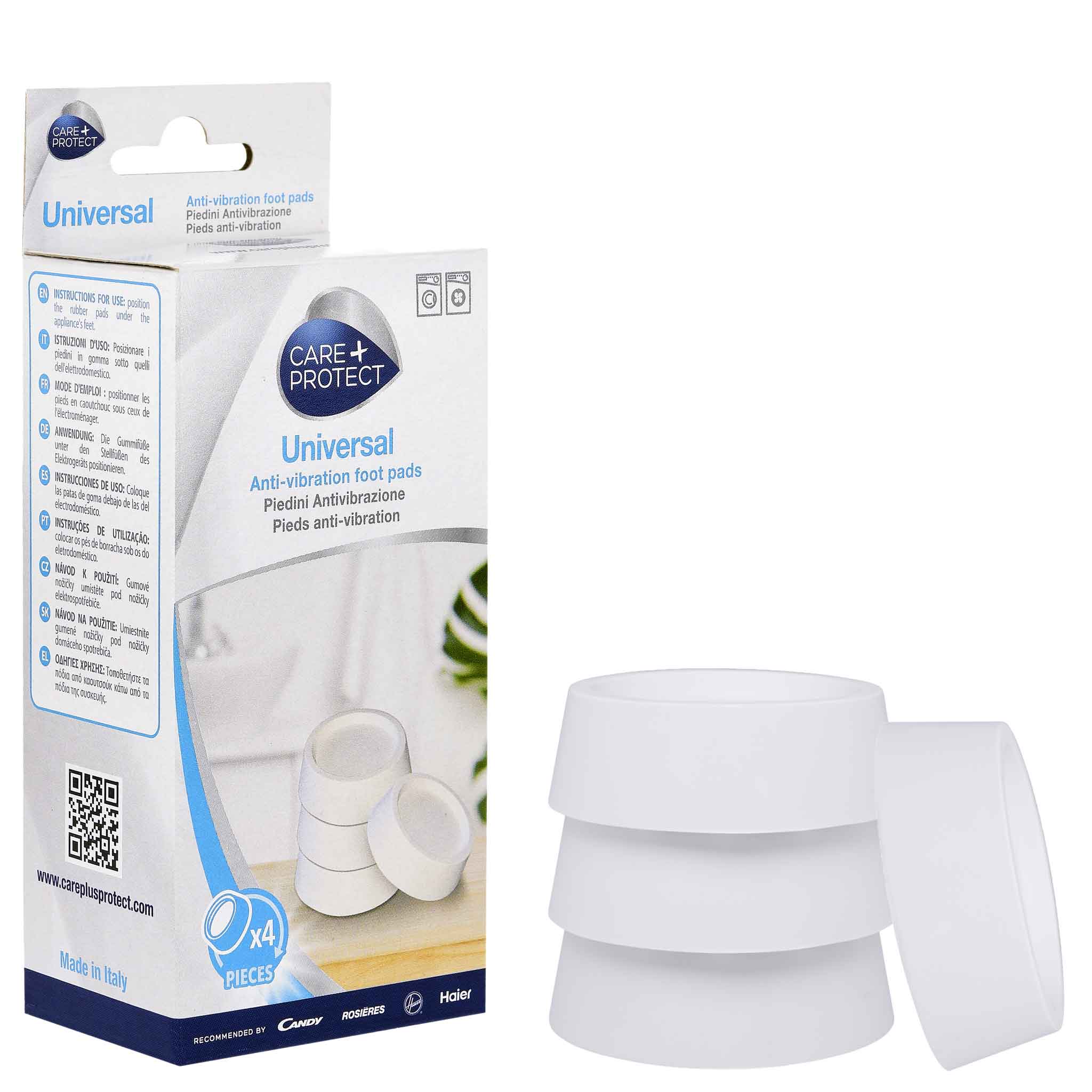 White, stackable anti-vibration foot pads beside their packaging box. The box reads: "CARE+PROTECT Universal Anti-vibration foot pads Piedini Antivibrazione Pieds anti-vibration" and displays product and brand information in multiple languages.