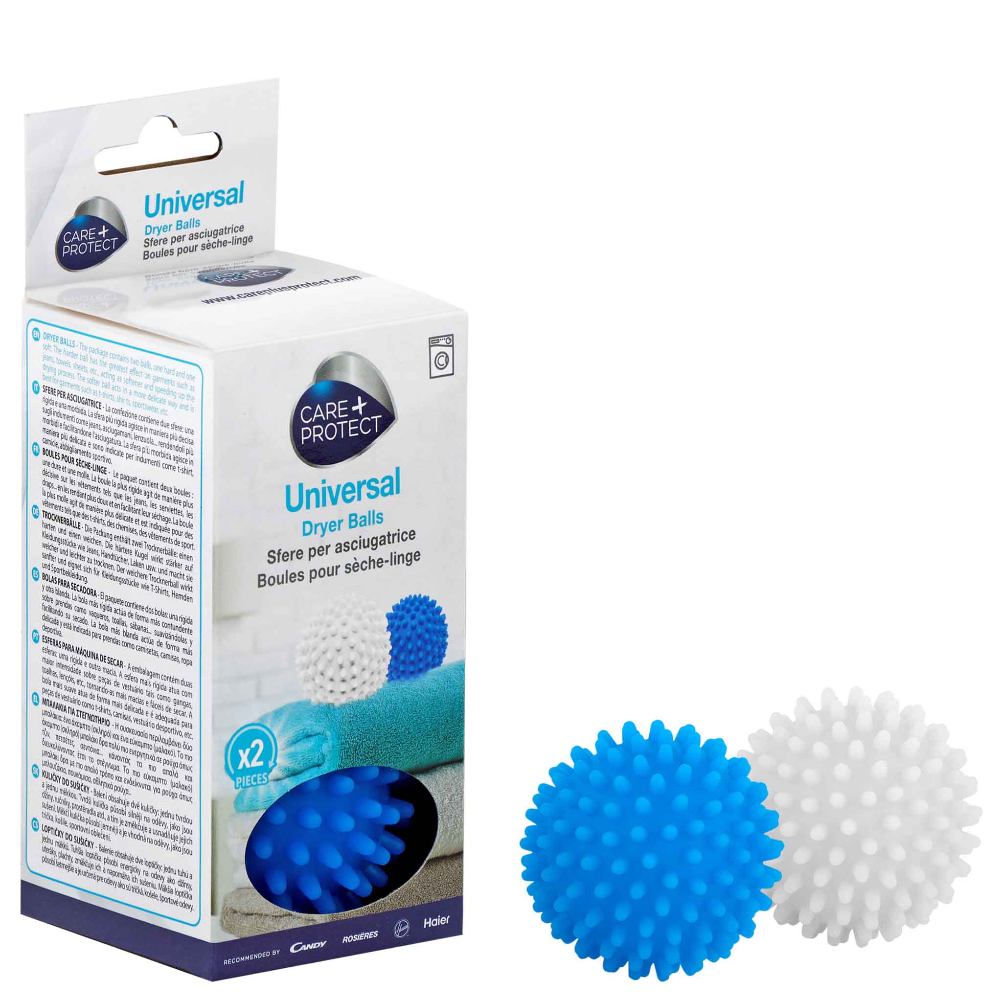 Two spiky dryer balls, one blue and one white, are next to a package labeled "Care Protect Universal Dryer Balls." The package sits on a folded towel. Text includes: "Sfere per asciugatrice Boules pour sèche-linge X2 pieces."