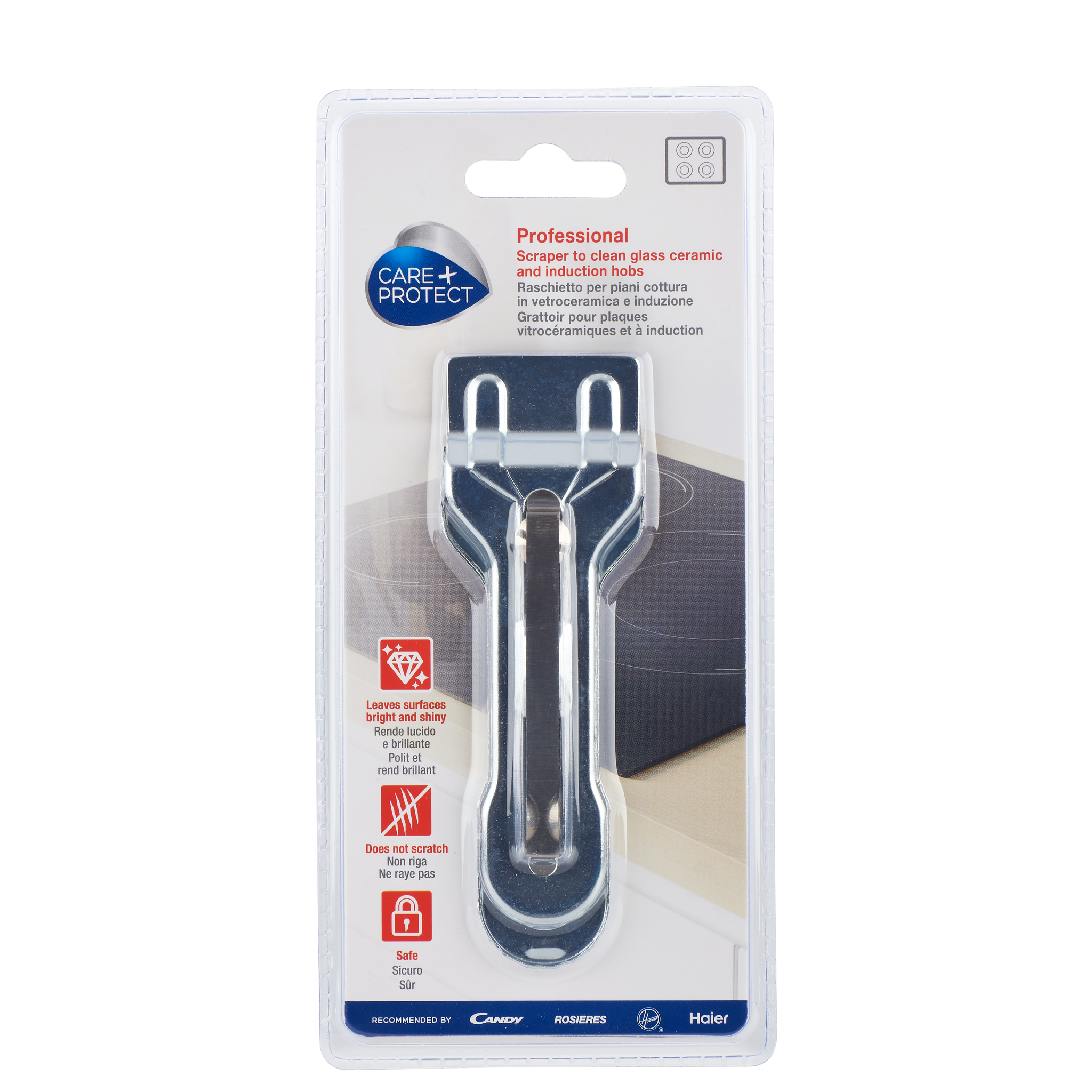 A metal scraper packaged in plastic, designed for cleaning glass ceramic and induction hobs. Text includes: "CARE+PROTECT Professional Scraper," "Leaves surfaces bright and shiny," "Does not scratch," "Safe."