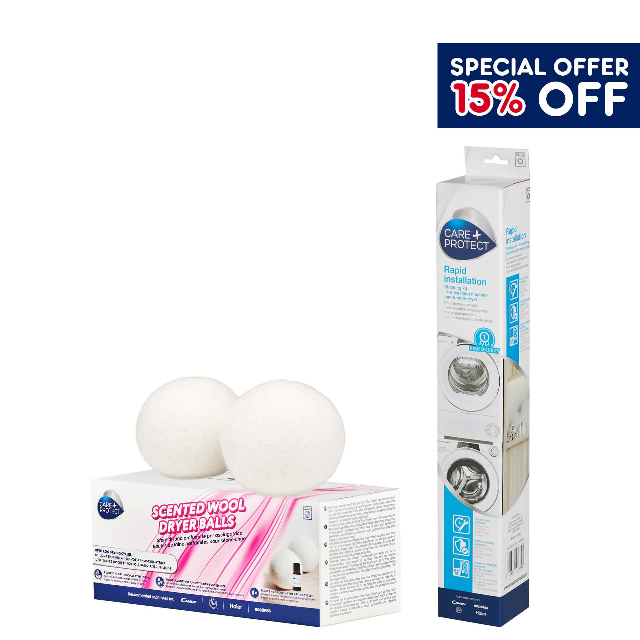 Two white wool dryer balls rest on a "Scented Wool Dryer Balls" box. Nearby, a "Care+Protect Rapid Installation" laundry device package stands upright. A "SPECIAL OFFER 15% OFF" label is displayed.