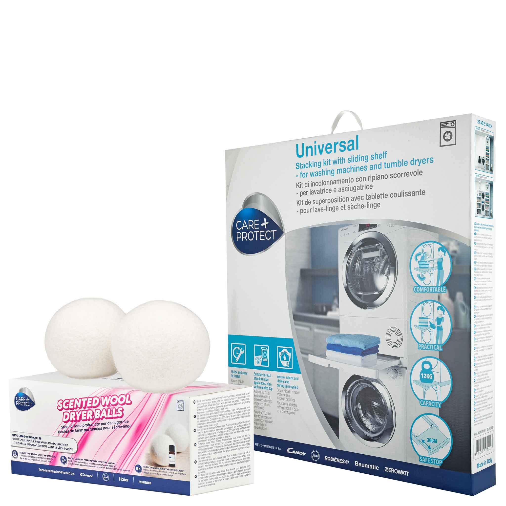 Packaging for a Universal stacking kit with sliding shelf and a box of scented wool dryer balls. The context is a clean, white space with laundry machines pictured on the packaging. Text includes: "Universal Stacking kit with sliding shelf - for washing machines and tumble dryers," "Scented Wool Dryer Balls."