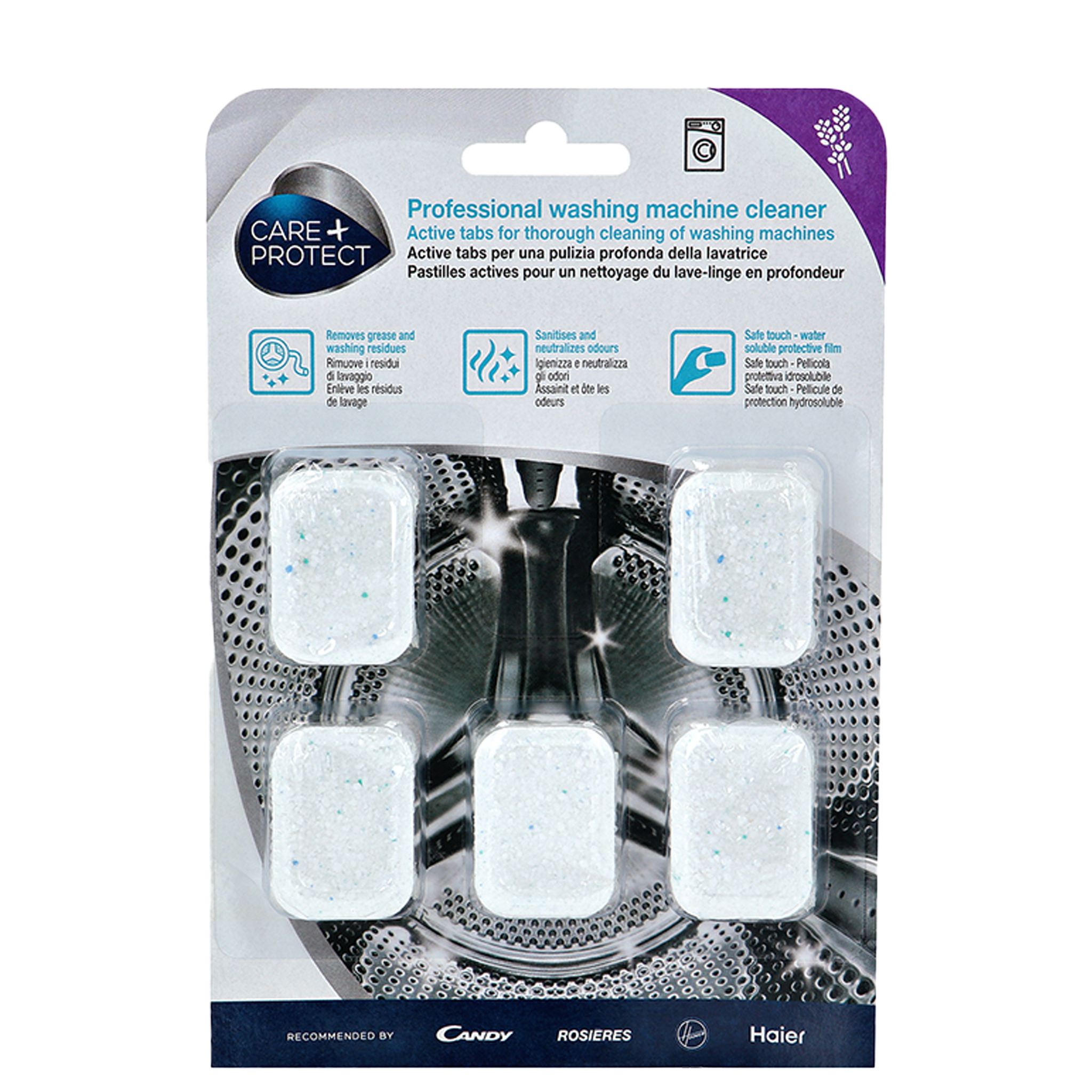 Six rectangular washing machine cleaner tablets are packaged on a card with a metallic drum background. Text includes: "Professional washing machine cleaner," "Removes grease and washing residues," "Sanitises and neutralizes odours," "Safe touch - water soluble protective film." Brands recommended: Candy, Rosieres, Hoover, Haier.