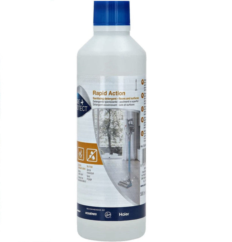 A white bottle with a blue cap labeled "Rapid Action" contains sanitising detergent for floors and surfaces. The label features usage instructions and icons, showing cleaning. Capacity: 500ml.