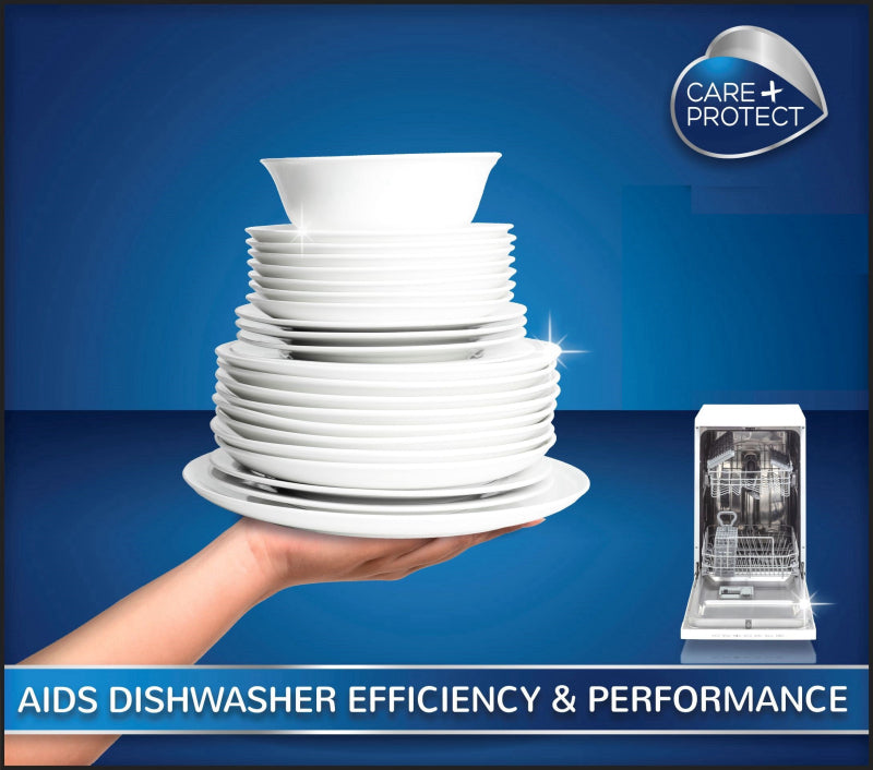 A hand holds a tall stack of sparkling white dishes against a blue background. Beside it, a dishwasher is visible. Text reads: "AIDS DISHWASHER EFFICIENCY & PERFORMANCE." Logo says "CARE+PROTECT."