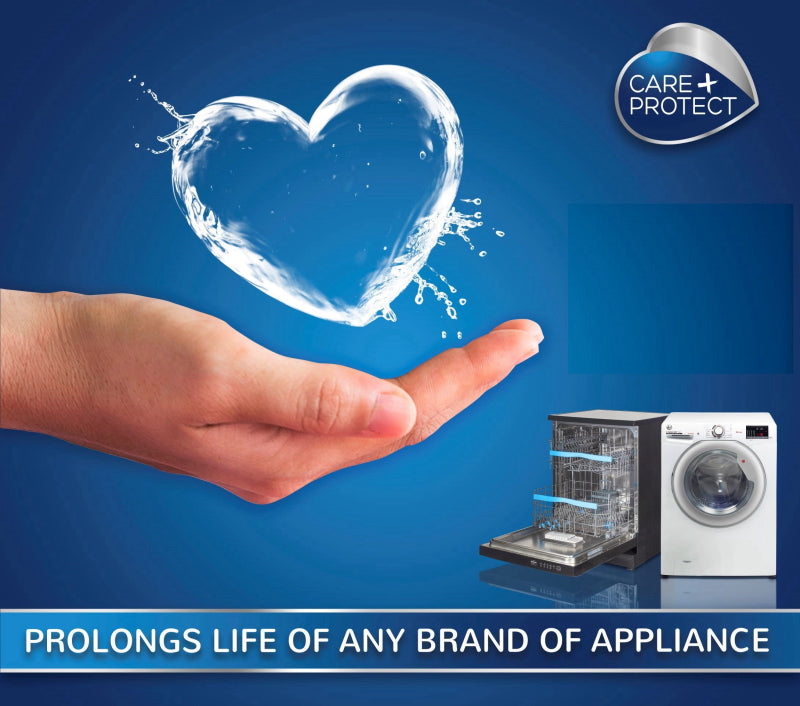 A hand supports a heart-shaped water splash. Nearby, a dishwasher and washing machine are visible. Text reads: "CARE + PROTECT. PROLONGS LIFE OF ANY BRAND OF APPLIANCE."