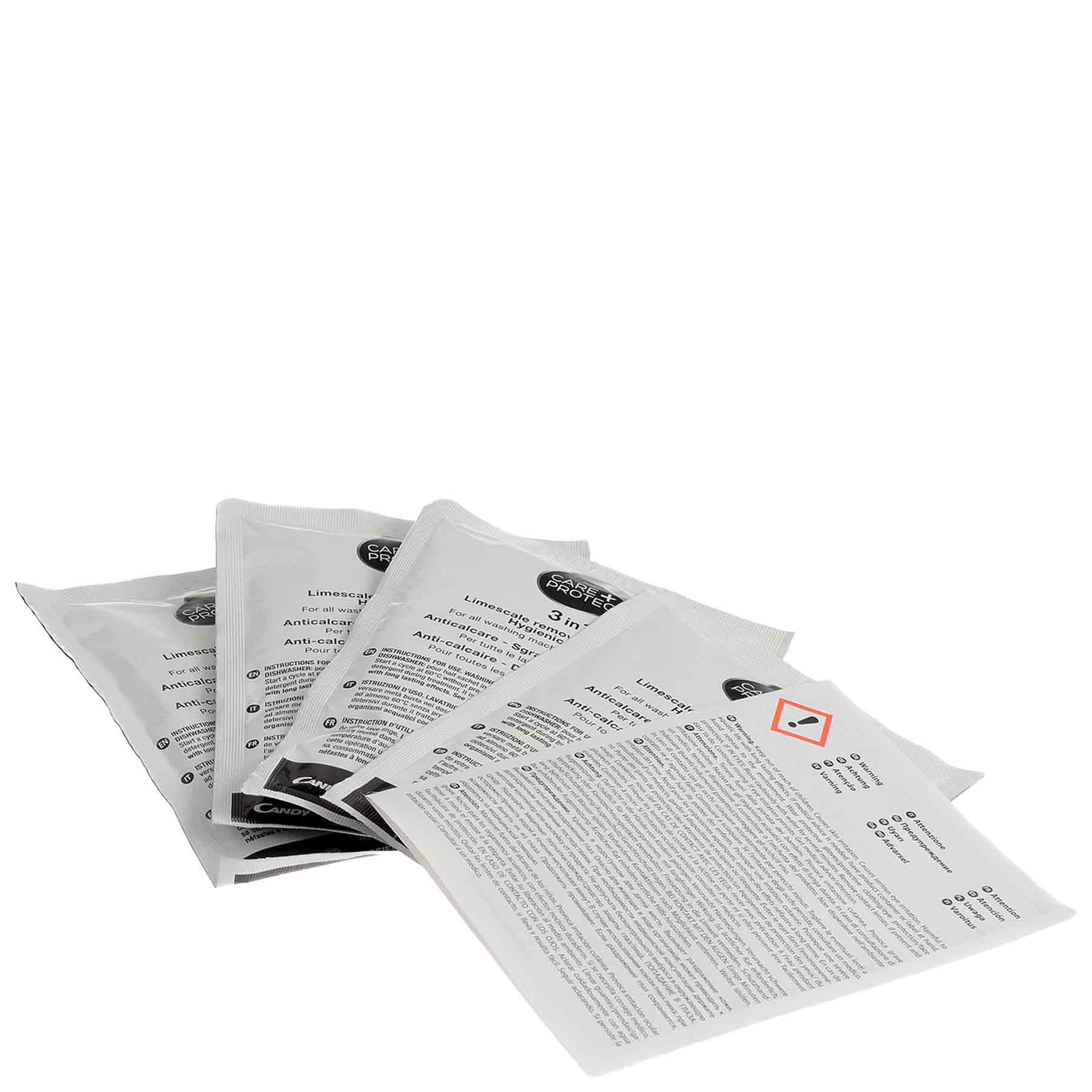 Five packets are slightly fanned out, each featuring detailed text including a diamond-shaped hazard symbol. The context suggests they are informational sheets, possibly for a chemical product.