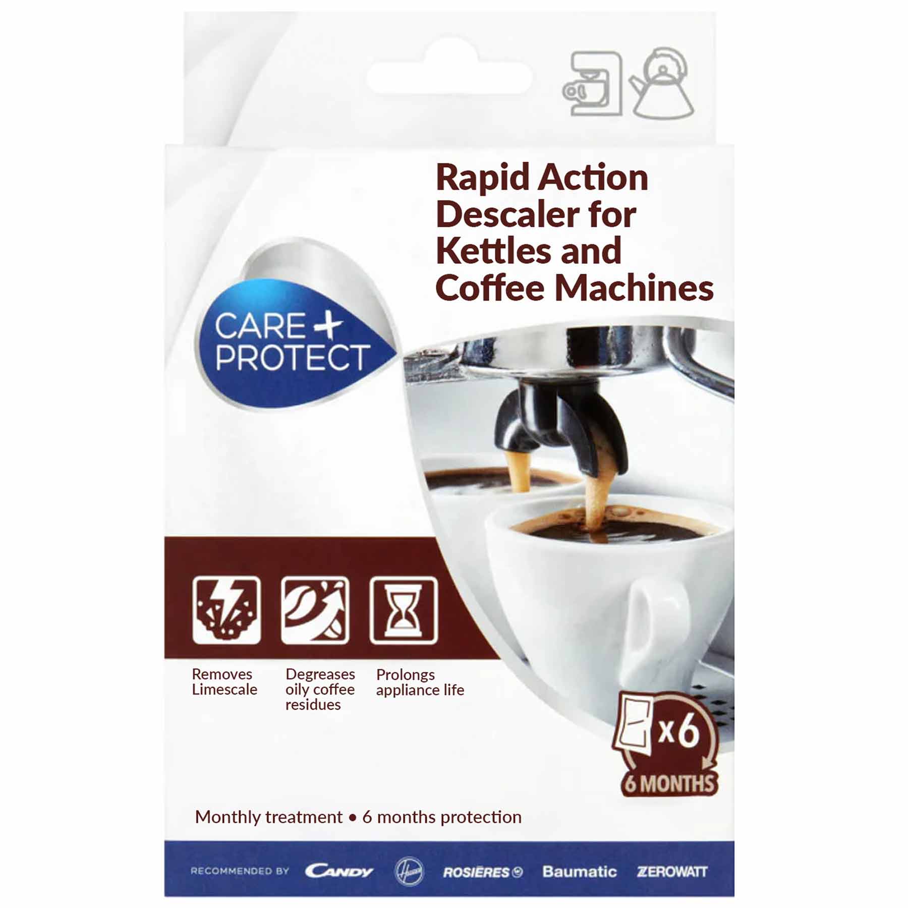 Box of Care+Protect rapid descaler for coffee machines; removes limescale, degreases residues, prolongs appliance life. Monthly treatment provides six months protection. Includes coffee machine image with brewing coffee.