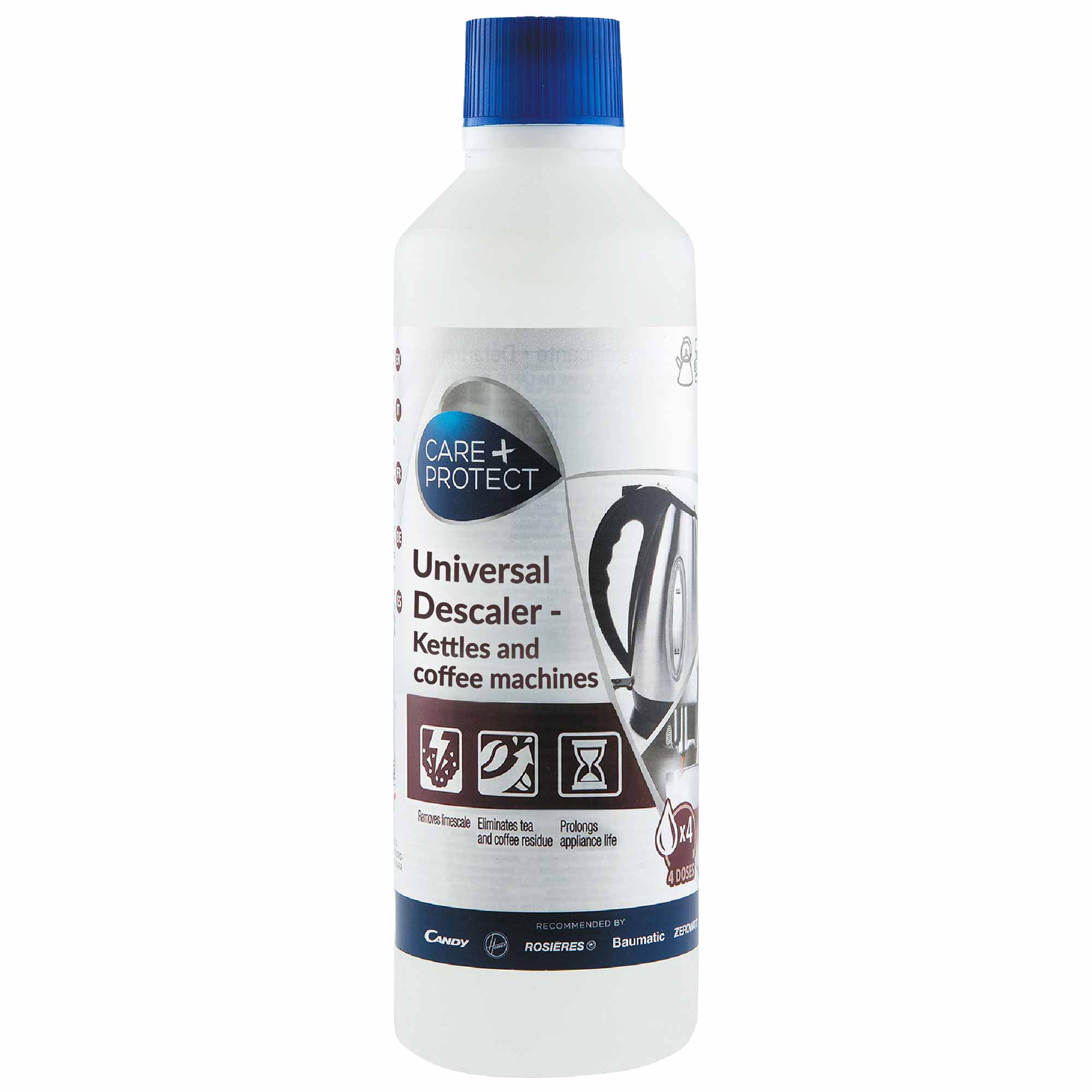 A white bottle with a blue cap labeled "CARE+PROTECT Universal Descaler" is pictured. It shows a kettle, coffee maker, and icons with multilingual text, promoting use for appliances. A red label mentions "BUY 4 OR MORE 20% OFF."