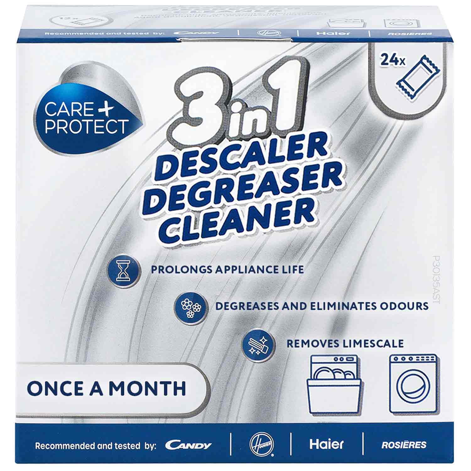 Box with "3 in 1 Descaler Degreaser Cleaner" text, featuring product benefits: prolongs appliance life, degreases/eliminates odors, removes limescale. Instructions: "Once a month." Brand: Care+Protect.