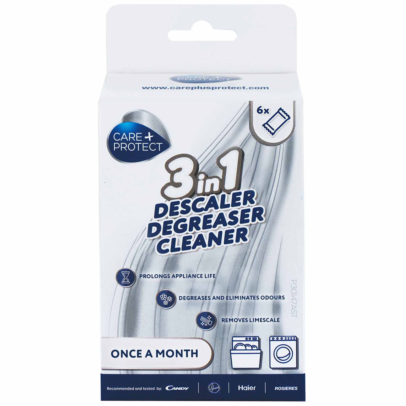 Box displaying "3 in 1 Descaler Degreaser Cleaner" promotes appliance care. Text: "Prolongs appliance life," "Degreases and eliminates odours," "Removes limescale," "Once a month." Brands: Candy, Haier, Rosières.