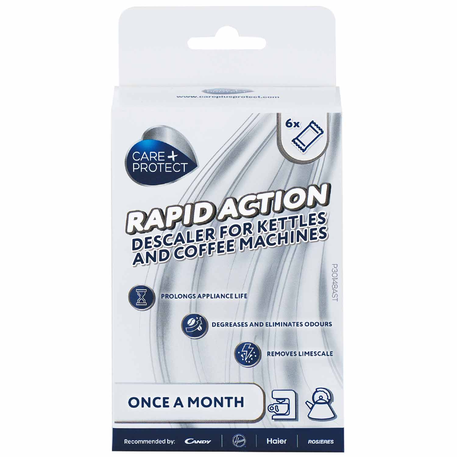 Descaler for coffee machines in a rectangular box with multi-language text. Promises to prolong appliance life, remove limescale, and degrease coffee residues. Offers 20% off for buying four or more.