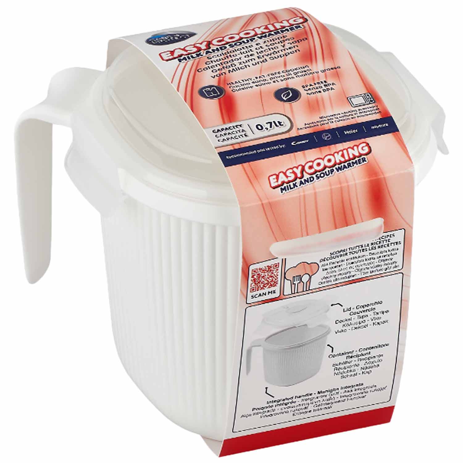 A white container with a handle features a red label reading "EASY COOKING MILK AND SOUP WARMER." It includes a QR code, an image of the container, and description text. Capacity: 0.7 liters.