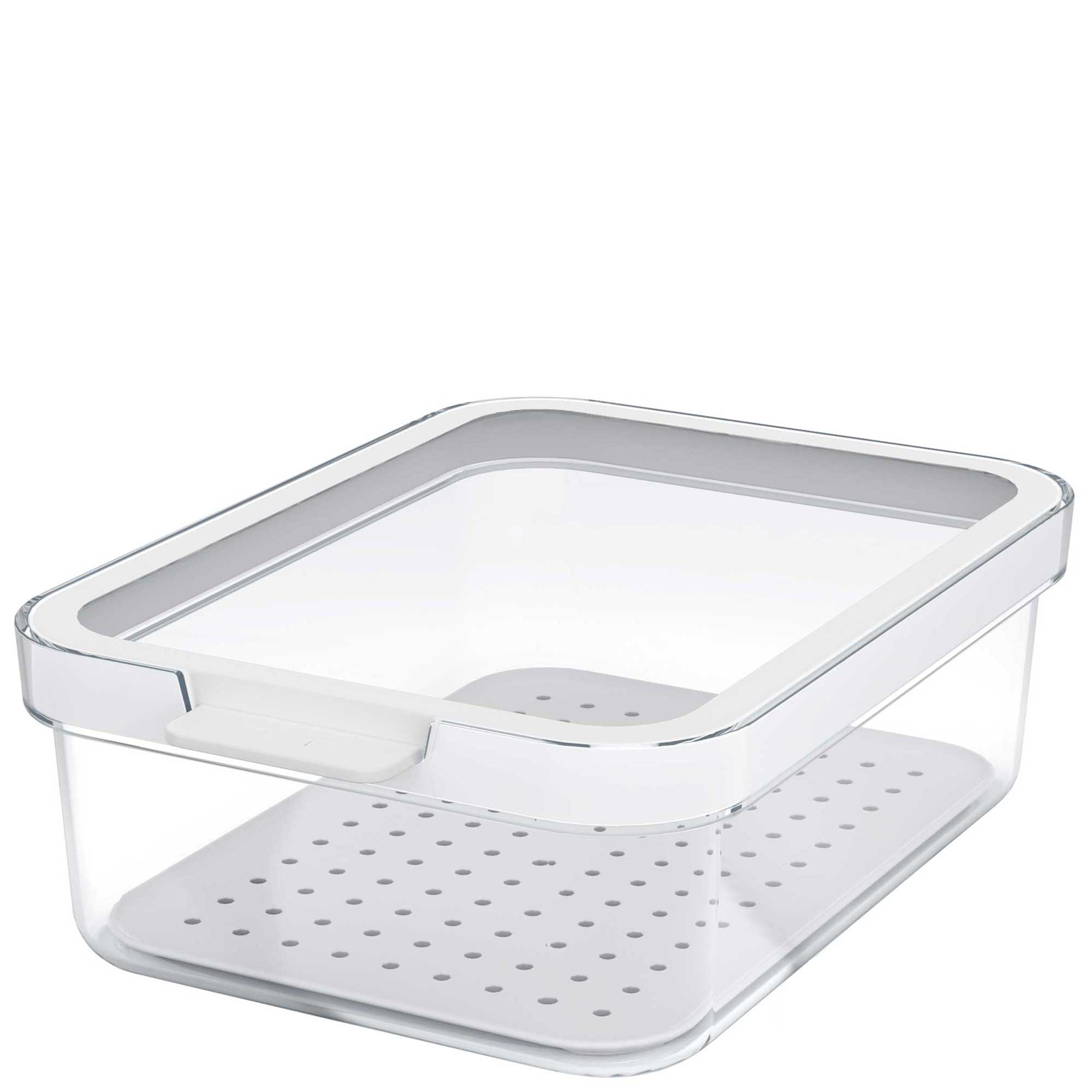 A transparent rectangular food storage container with a white lid sits on a plain background. It has a perforated base insert. Text on the corner reads "1.2 L."