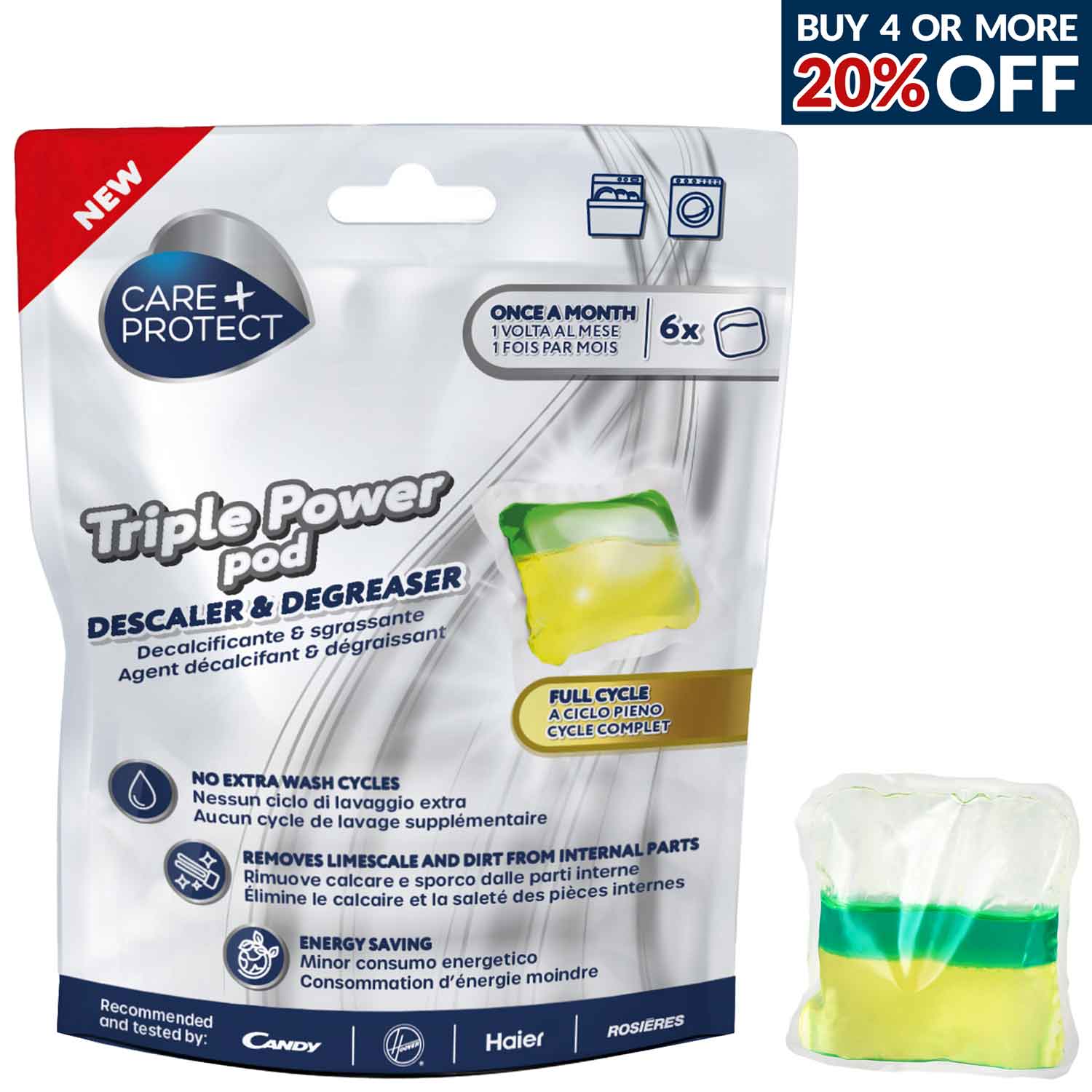 A resealable bag contains "Triple Power Pod" descaler and degreaser by Care+Protect. It offers limescale removal and energy saving for dishwashers, recommended by Candy, Haier, and Rosieres. "BUY 4 OR MORE 20% OFF."