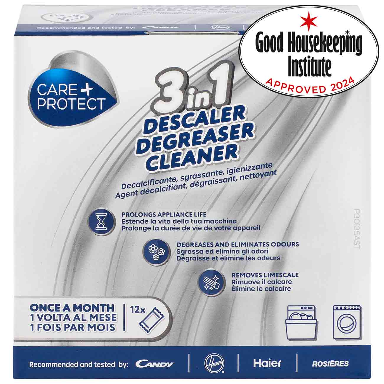 A box labeled "Care+ Protect 3 in 1 Descaler Degreaser Cleaner" shows endorsement by Good Housekeeping Institute 2024. Text highlights its monthly use and appliance compatibility with Candy, Haier, Rosieres.