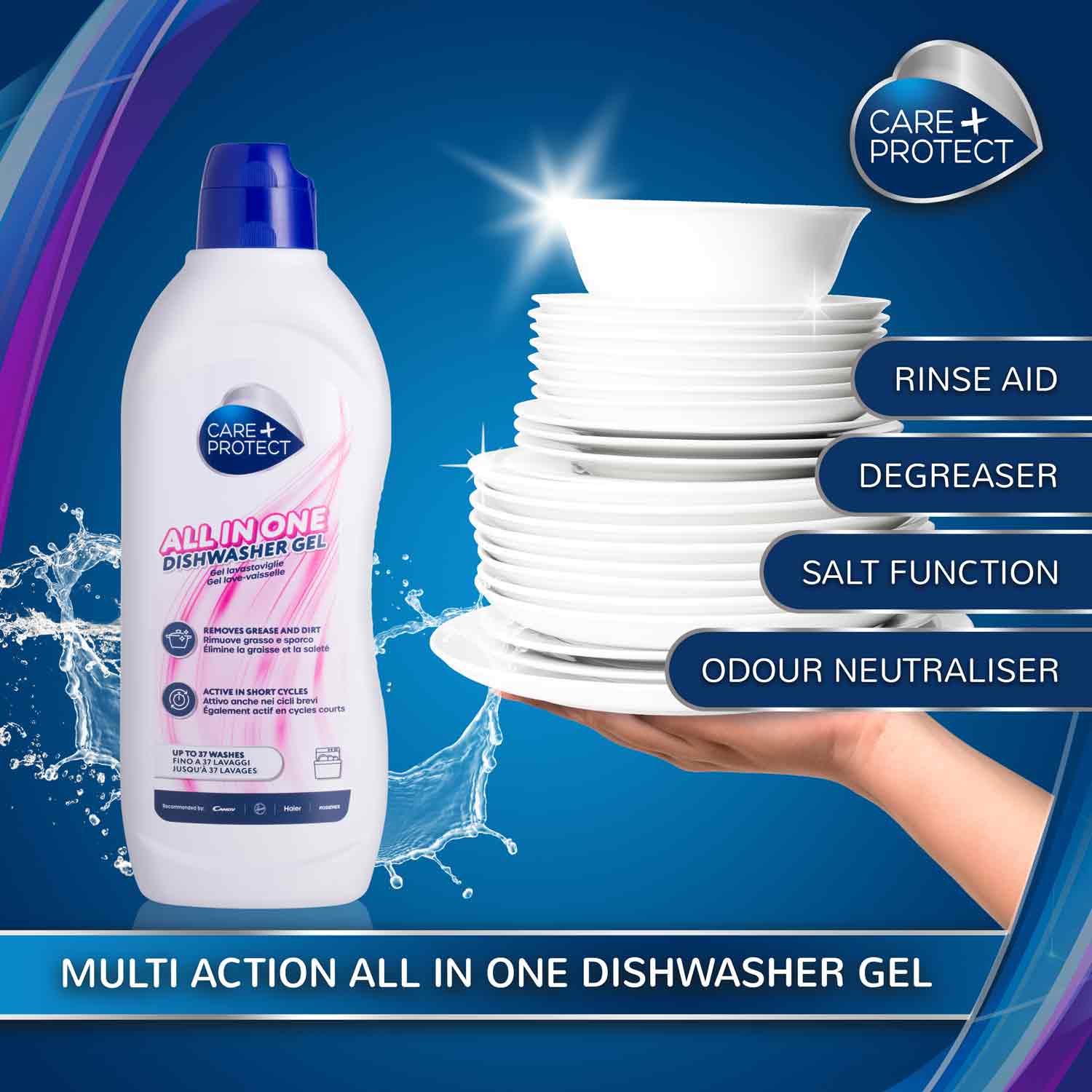 A hand holds a stack of white dishes against a blue background. Nearby, a bottle labeled "Care + Protect All in One Dishwasher Gel" is featured. Text includes: "Rinse Aid," "Degreaser," "Salt Function," "Odour Neutraliser," and "Multi Action All in One Dishwasher Gel."