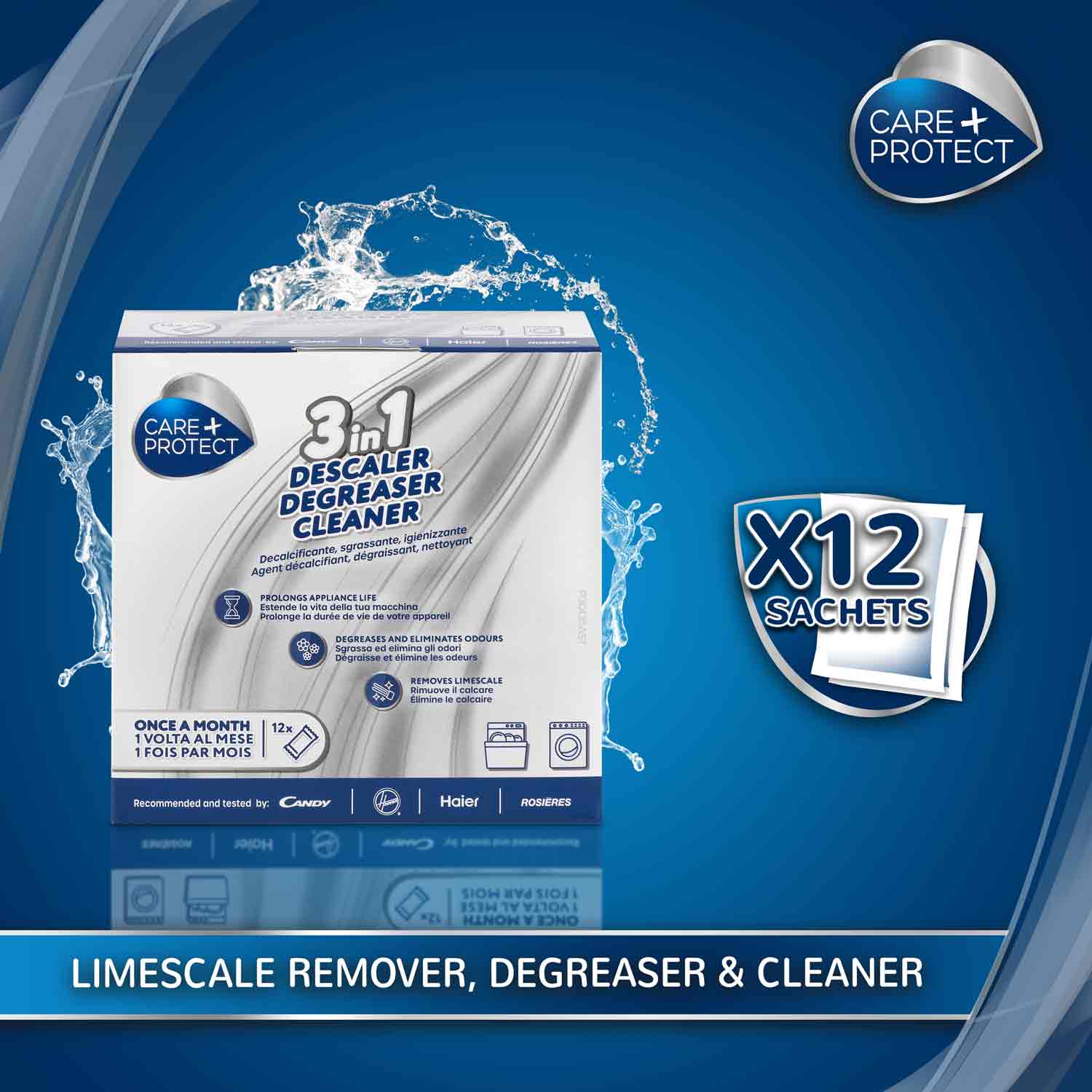 A box labeled "3 in 1 Descaler Degreaser Cleaner" bursts with water splashes against a blue background. Text includes "Once a month," "X12 sachets," and "Limescale remover, degreaser & cleaner."