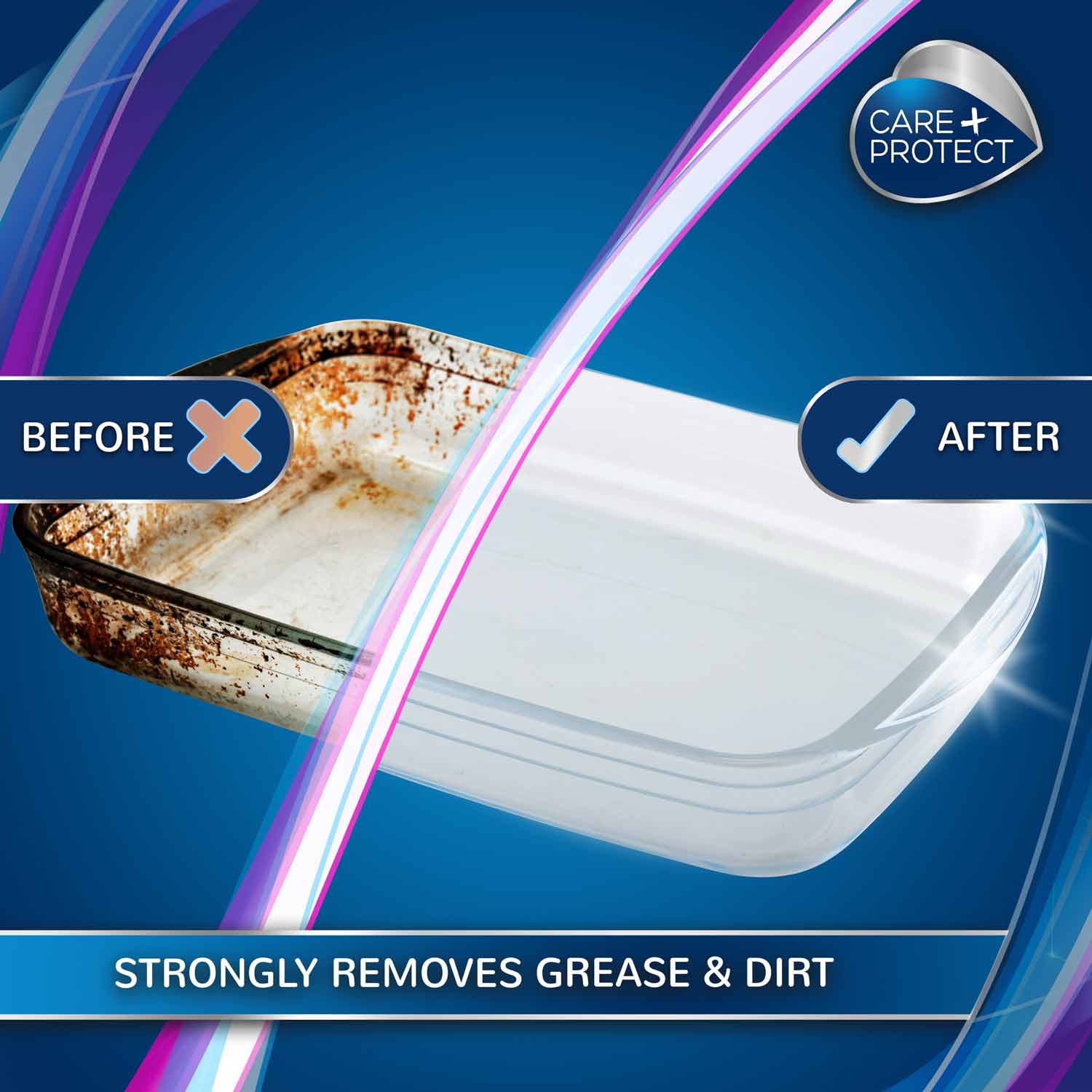 A baking dish is shown in two states, before and after cleaning. The left side displays rust and grime, while the right side is pristine. Text reads "BEFORE," "AFTER," and "STRONGLY REMOVES GREASE & DIRT."