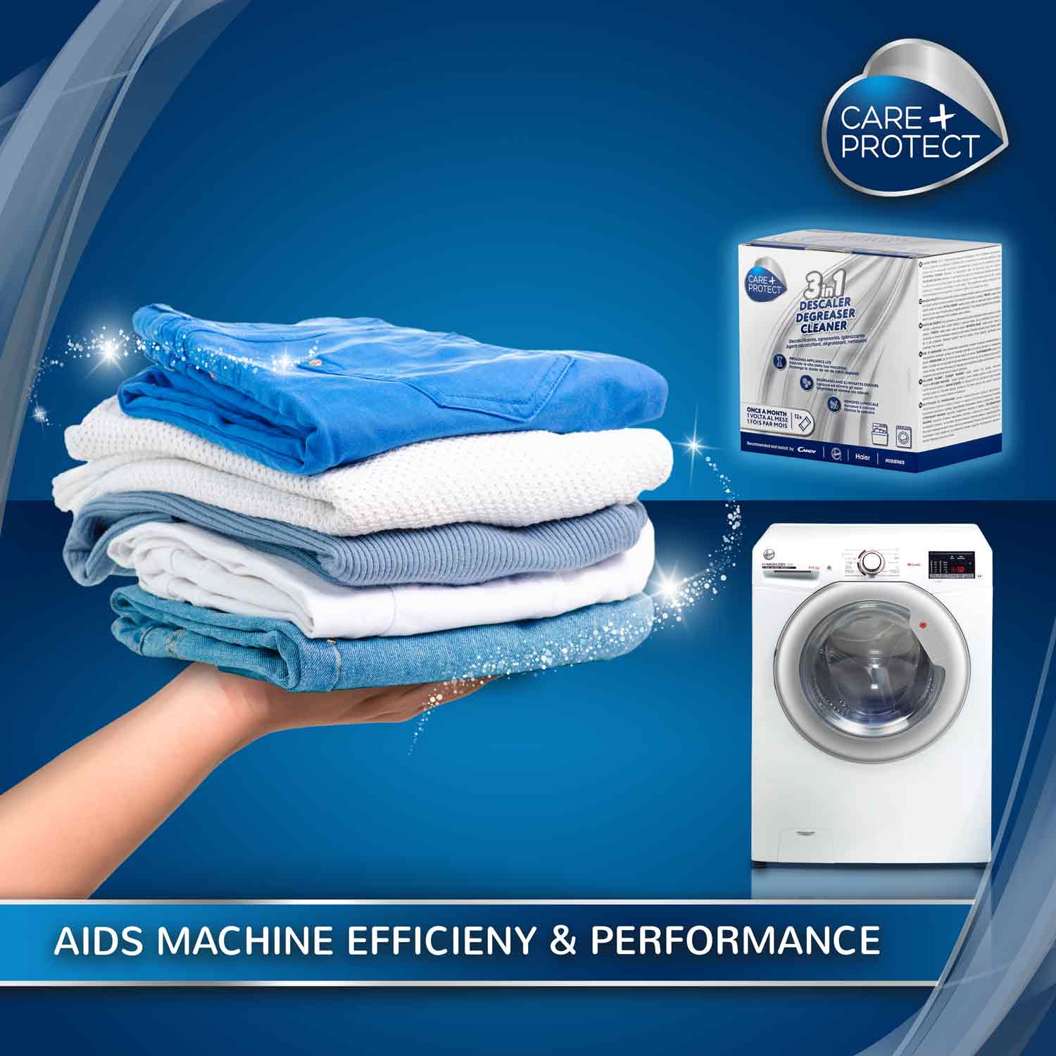 A hand holds a stack of folded clothes with sparkling effects. Nearby, a washing machine and a box labeled "Care+Protect 3 in 1 Descaler, Degreaser, Cleaner" sit against a blue background. Text: "AIDS MACHINE EFFICIENCY & PERFORMANCE."