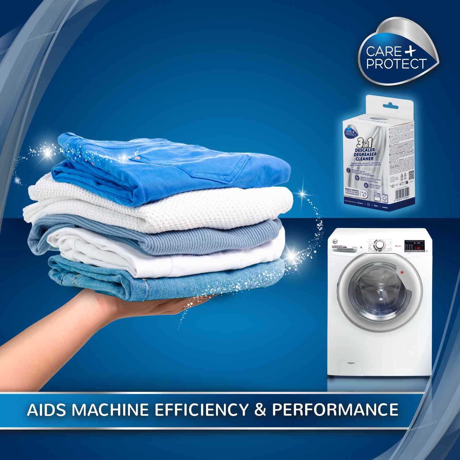 A hand holds folded, clean clothes sparkling against a blue background. Nearby, a box labeled "3 in 1 Descaler Degreaser Cleaner" is shown above a washing machine. Text: "AIDS MACHINE EFFICIENCY & PERFORMANCE."