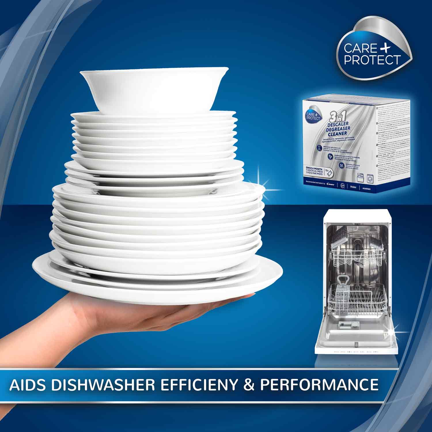 A hand holds a stack of white dishes, illustrating cleanliness. In the background, a dishwasher and a box labeled "3 in 1 Descaler Degreaser Cleaner" are displayed. Text: "AIDS DISHWASHER EFFICIENCY & PERFORMANCE."