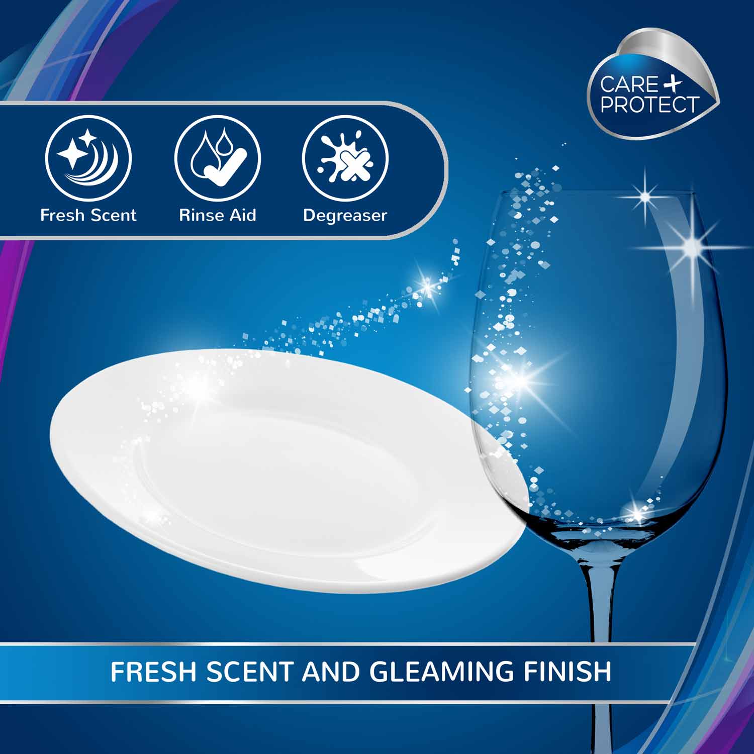 A gleaming glass and plate appear against a blue backdrop, surrounded by sparkling effects. Icons display features: "Fresh Scent," "Rinse Aid," "Degreaser." Text reads: "FRESH SCENT AND GLEAMING FINISH."