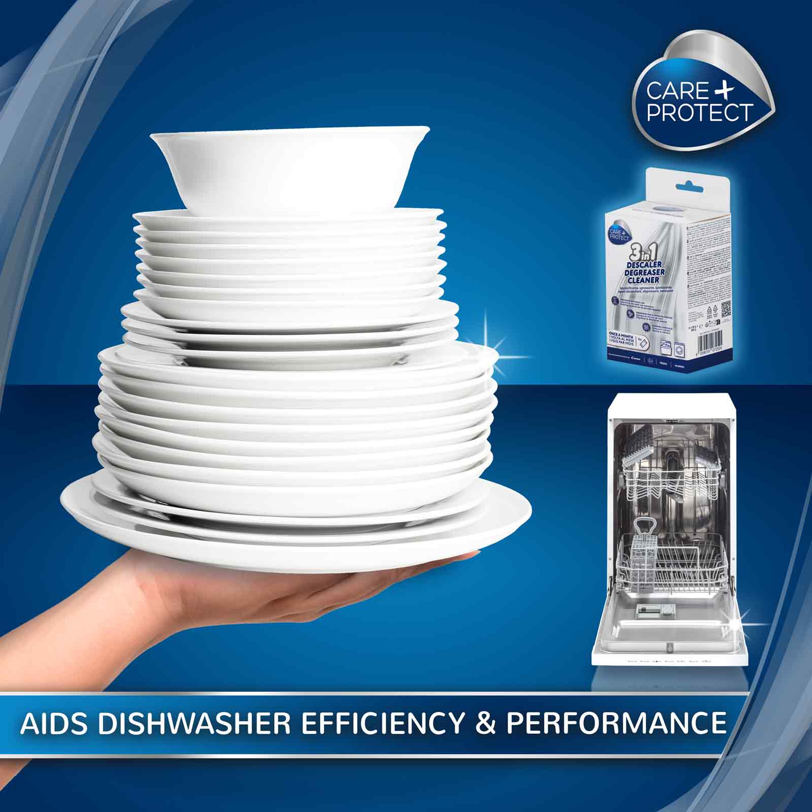 A hand supports stacked white dishes against a blue background. Nearby, a dishwasher cleaner box labeled "3 in 1 Descaler Degreaser Cleaner" and an open dishwasher are shown. Text reads: "AIDS DISHWASHER EFFICIENCY & PERFORMANCE."