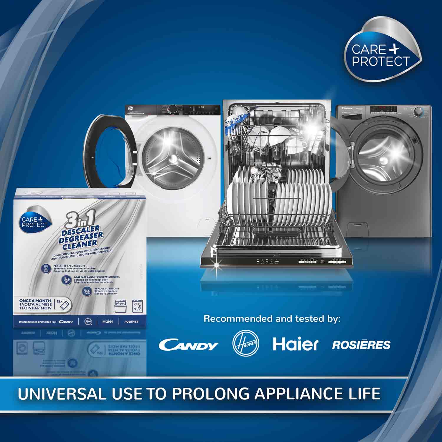 A box of "Care+Protect 3 in 1 Descaler Degreaser Cleaner" sits alongside a dishwasher and two washing machines against a blue background. Text includes: "UNIVERSAL USE TO PROLONG APPLIANCE LIFE" and "recommended and tested by: Candy, Hoover, Haier, Rosières."