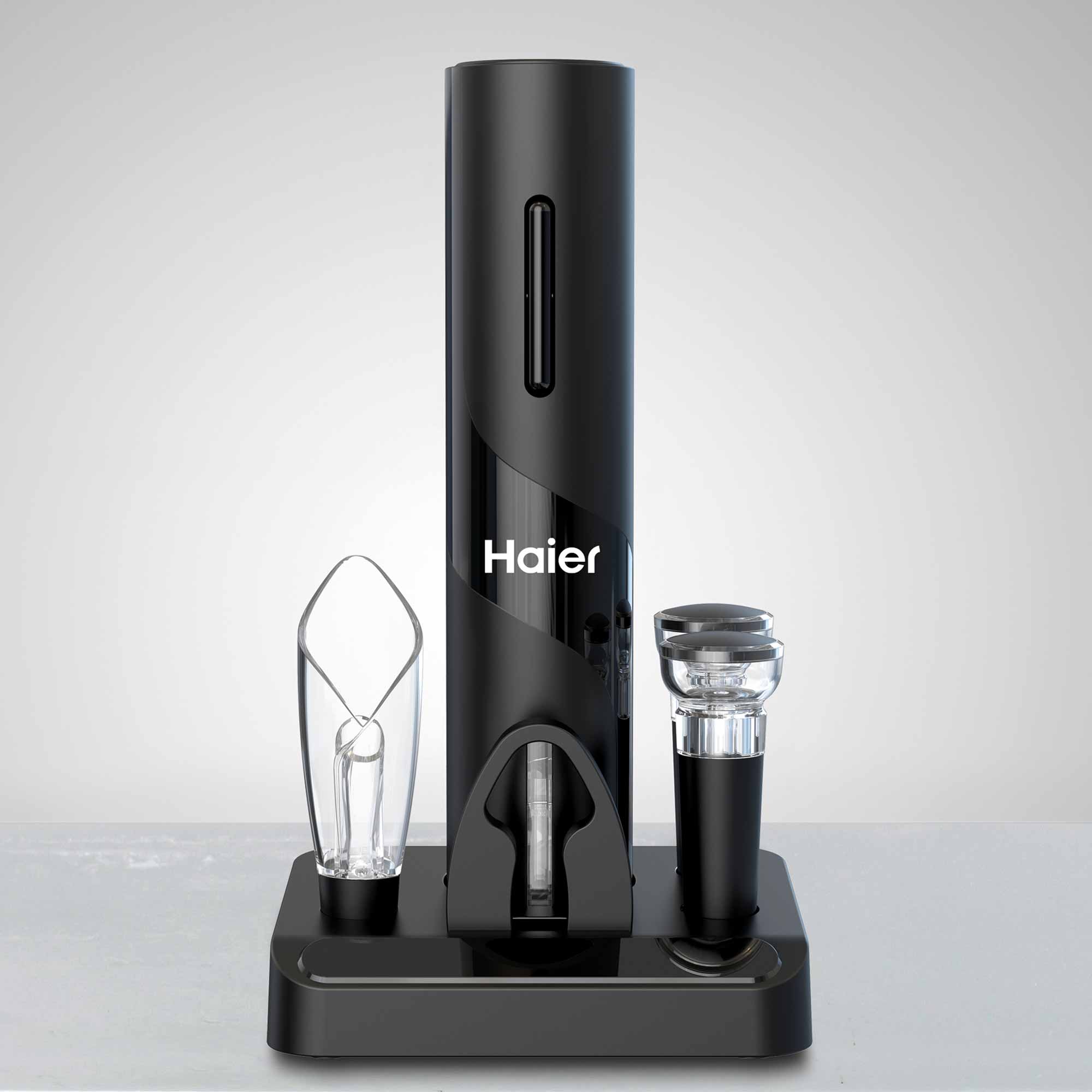 A sleek, black electric wine opener labeled "Haier" stands on a modern base, accompanied by a foil cutter and a wine pourer, set against a minimalist gray background.