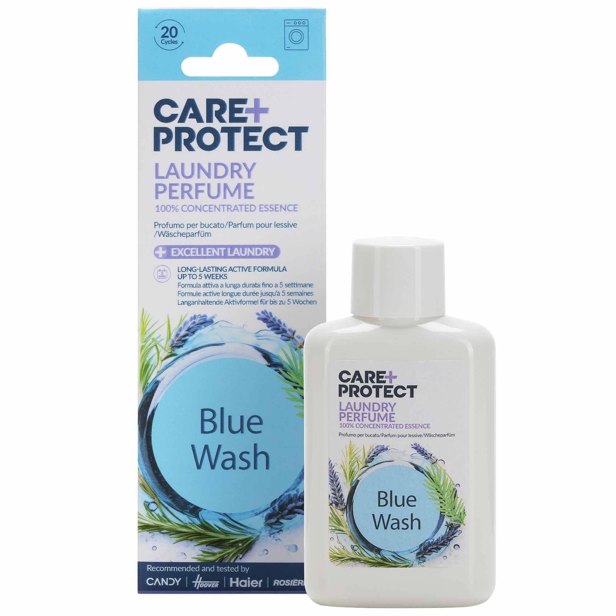 Care + Protect laundry perfume bottle and packaging with blue wash label on a white background