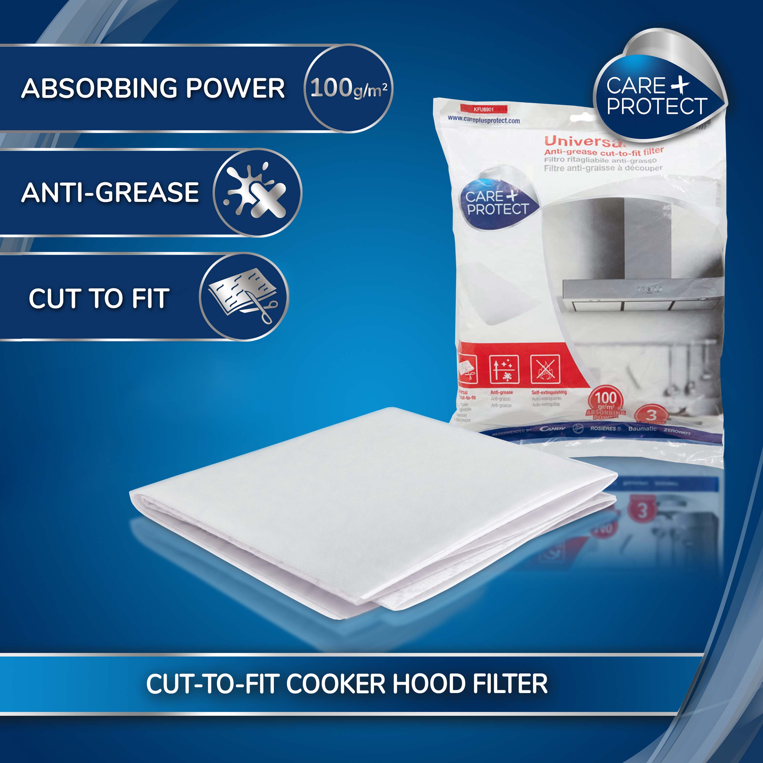 Cooker hood filter is displayed next to its packaging, featuring "CARE+PROTECT" branding. Text highlights features: "Absorbing Power 100g/m²," "Anti-Grease," "Cut to Fit," "Cut-to-Fit Cooker Hood Filter."