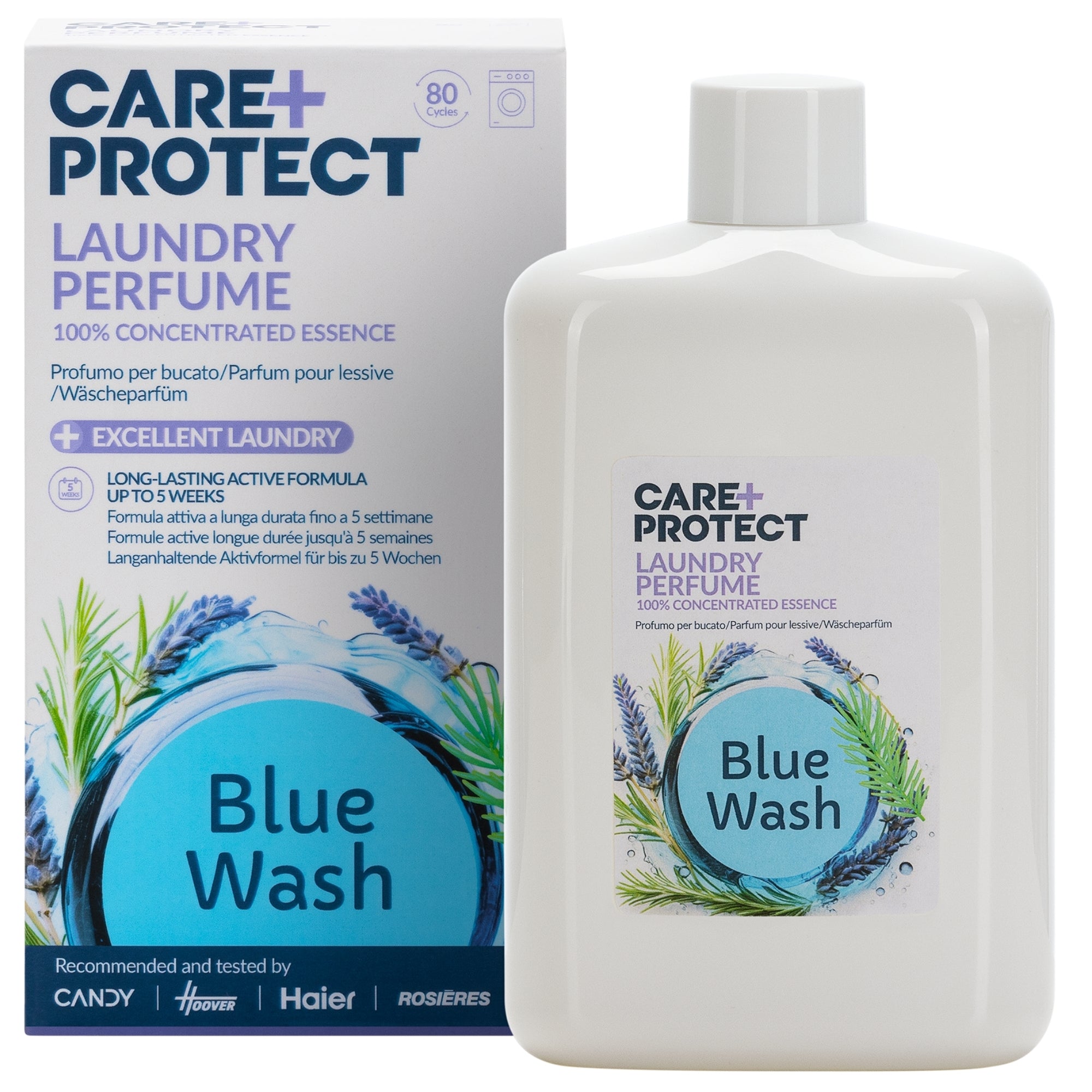 Care+Protect laundry perfume bottle and packaging with blue wash label on a white background