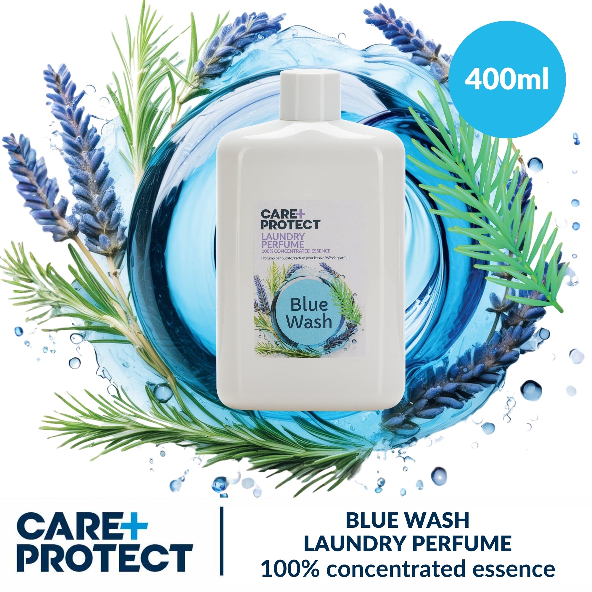 Care + Protect Blue Wash laundry perfume bottle 400ml with lavender and water droplets on a blue background